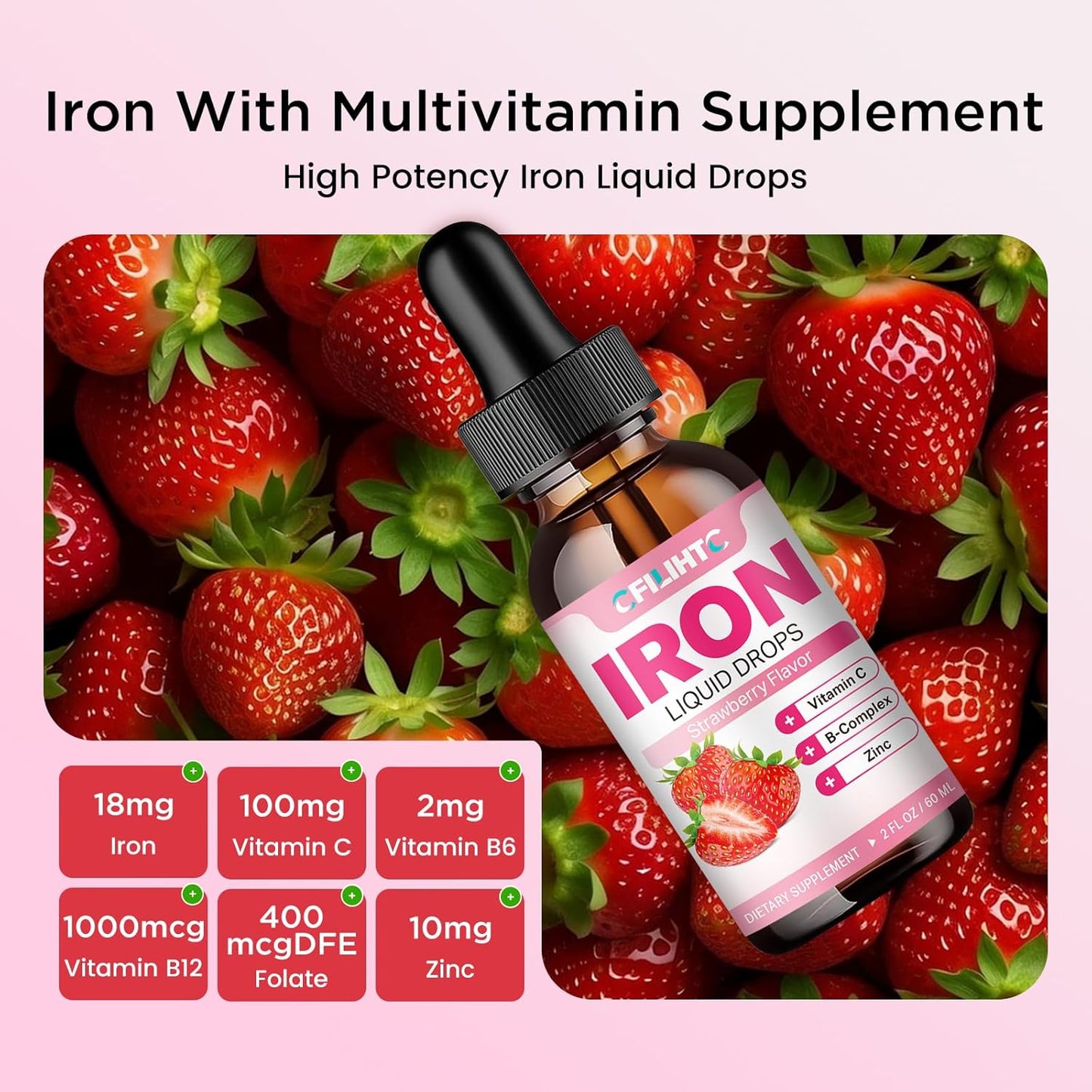 Natural Strawberry Flavored Liquid Iron Supplement with Folate, Vitamin C, B6, B12, and Zinc for Anemia, Iron Deficiency - Vegan Multivitamin Drops for Women, Men, and Kids - 4 Fl Oz