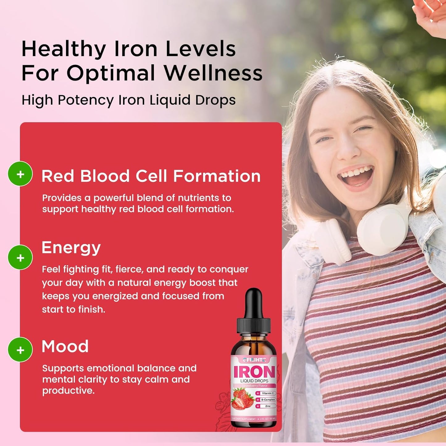 Natural Strawberry Flavored Liquid Iron Supplement with Folate, Vitamin C, B6, B12, and Zinc for Anemia, Iron Deficiency - Vegan Multivitamin Drops for Women, Men, and Kids - 4 Fl Oz