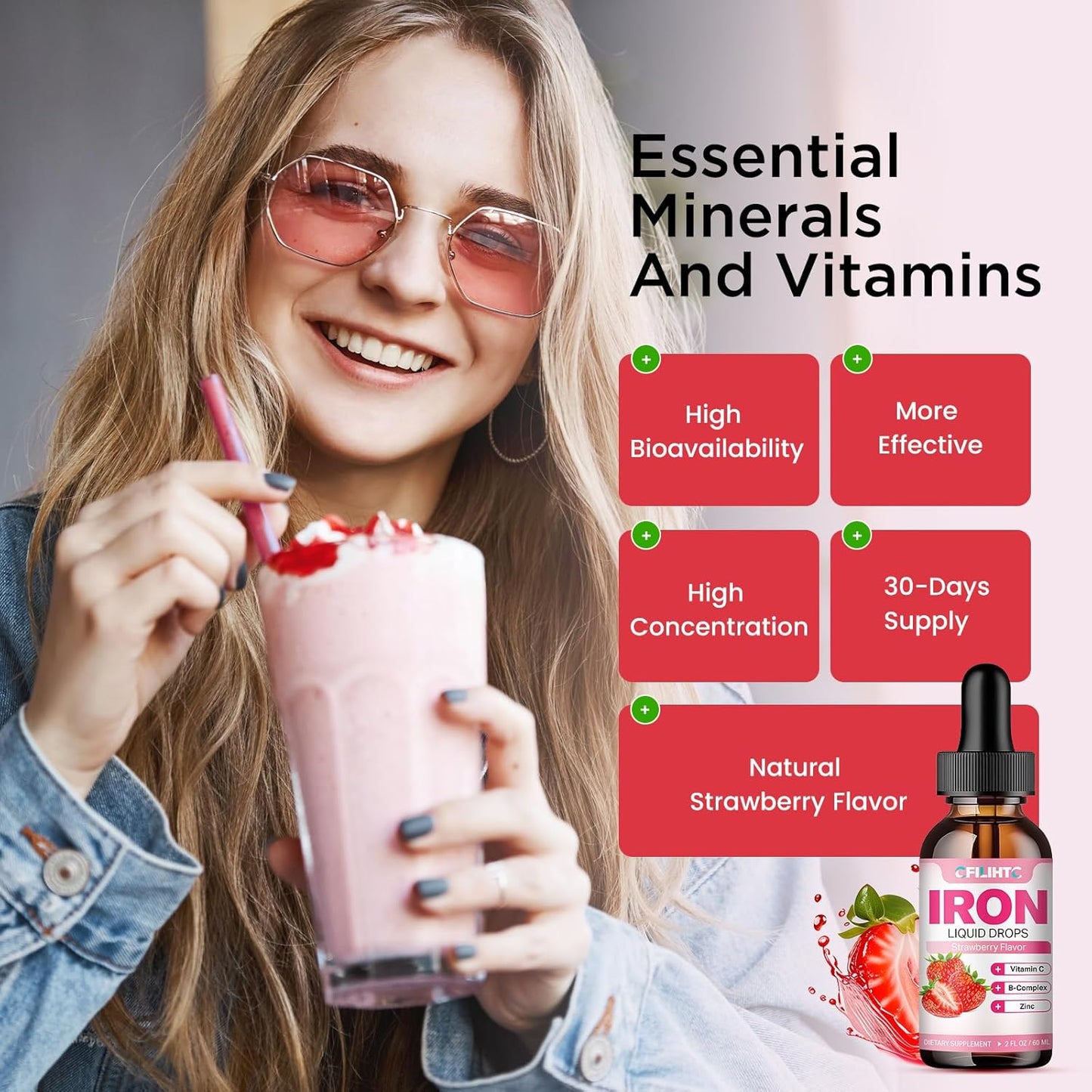 Natural Strawberry Flavored Liquid Iron Supplement with Folate, Vitamin C, B6, B12, and Zinc for Anemia, Iron Deficiency - Vegan Multivitamin Drops for Women, Men, and Kids - 4 Fl Oz