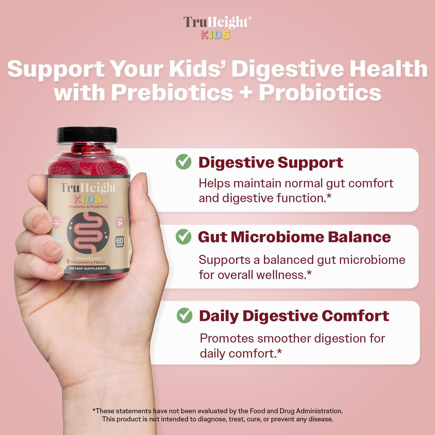Natural Strawberry Flavored Prebiotic & Probiotic Gummies for Kids 2+, Digestive & Immune Support, Pediatric Recommended Supplement