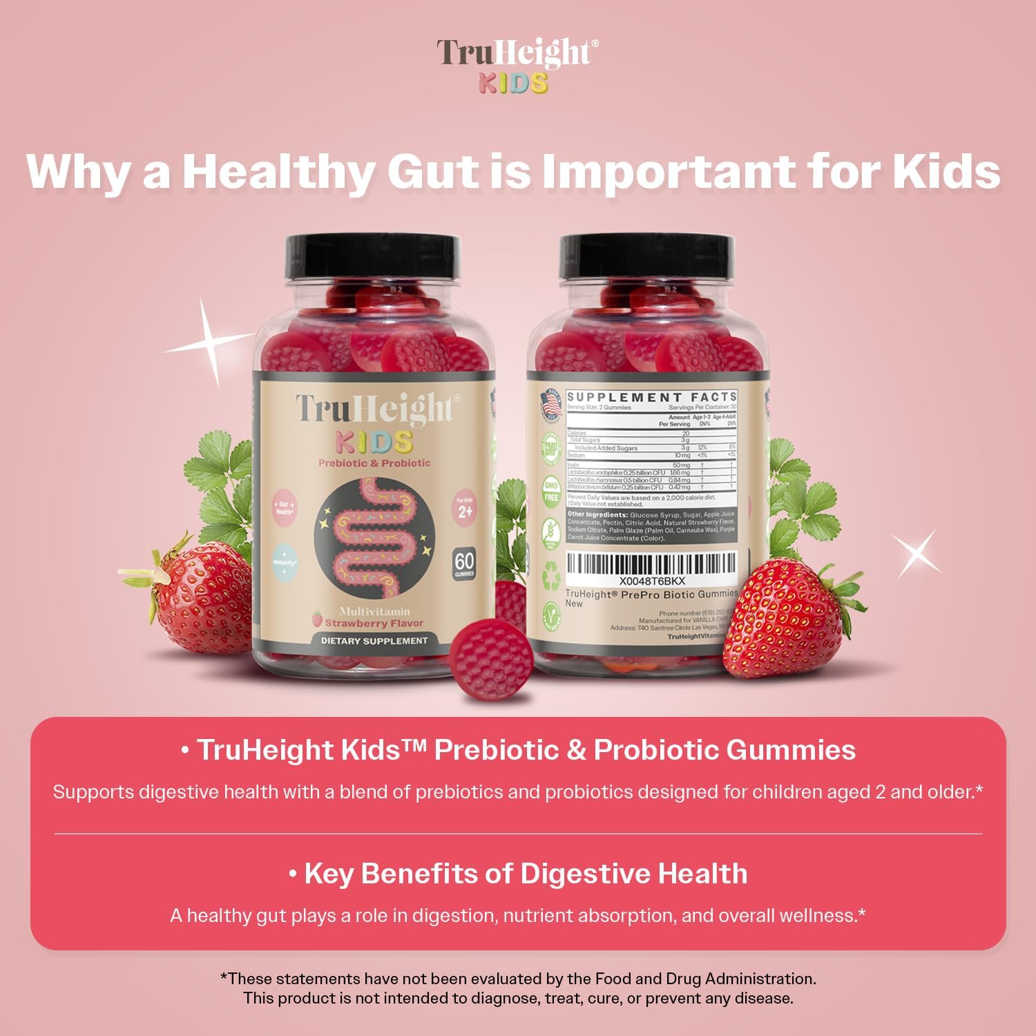 Natural Strawberry Flavored Prebiotic & Probiotic Gummies for Kids 2+, Digestive & Immune Support, Pediatric Recommended Supplement