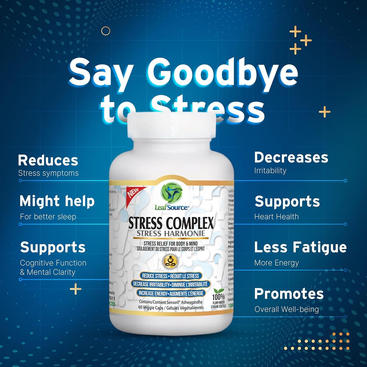 Natural Stress Relief & Energy Boost Capsules with Advanced Ashwagandha Sensirol® - Reduces Irritability, Enhances Focus, Promotes Calm Sleep - 60 Count