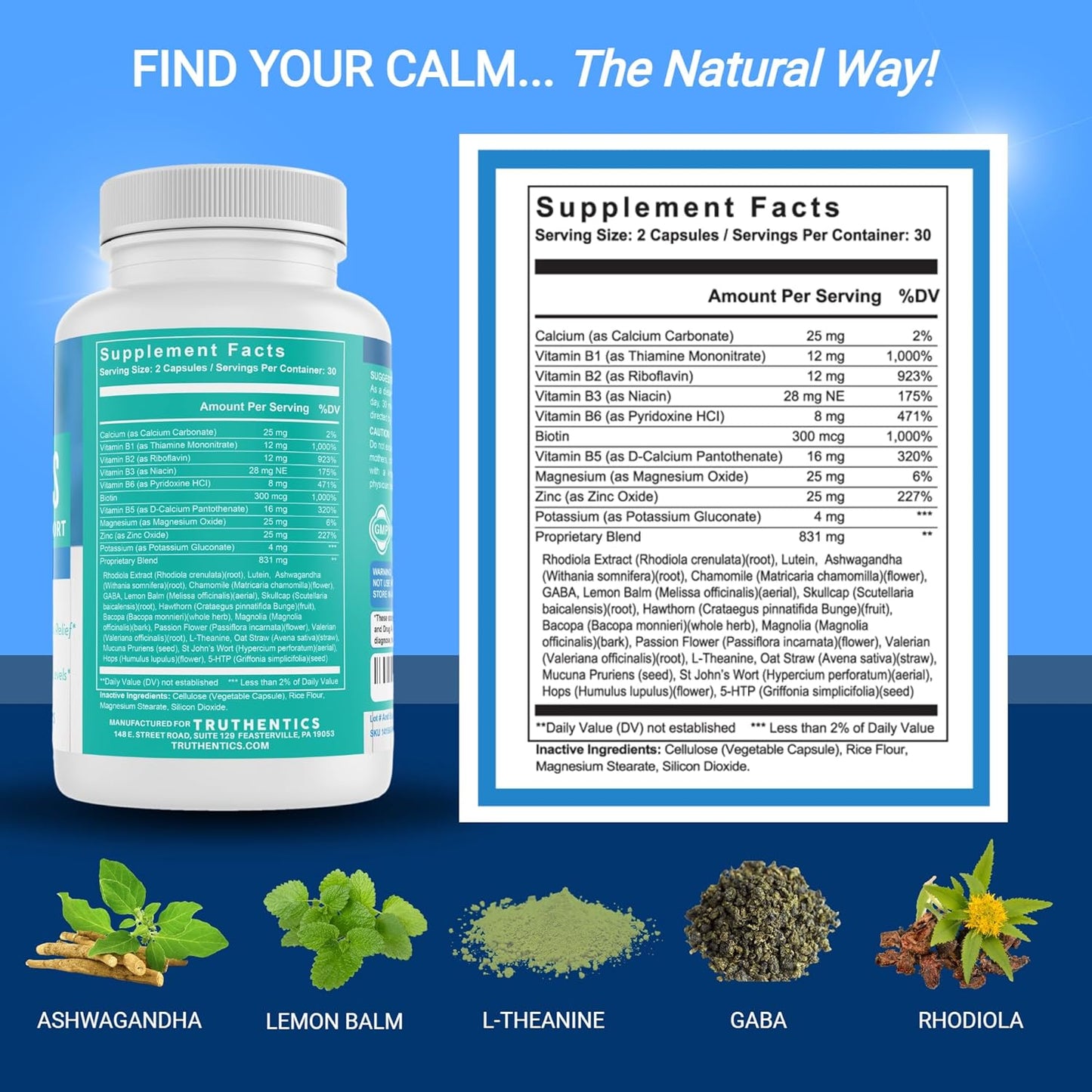 Natural Stress Relief Supplement for Women - Calm, Energy, & Mood Support - Ashwagandha, GABA, Lemon Balm, L-Theanine, Rhodiola, Vitamin B - Vegan - 60 Capsules