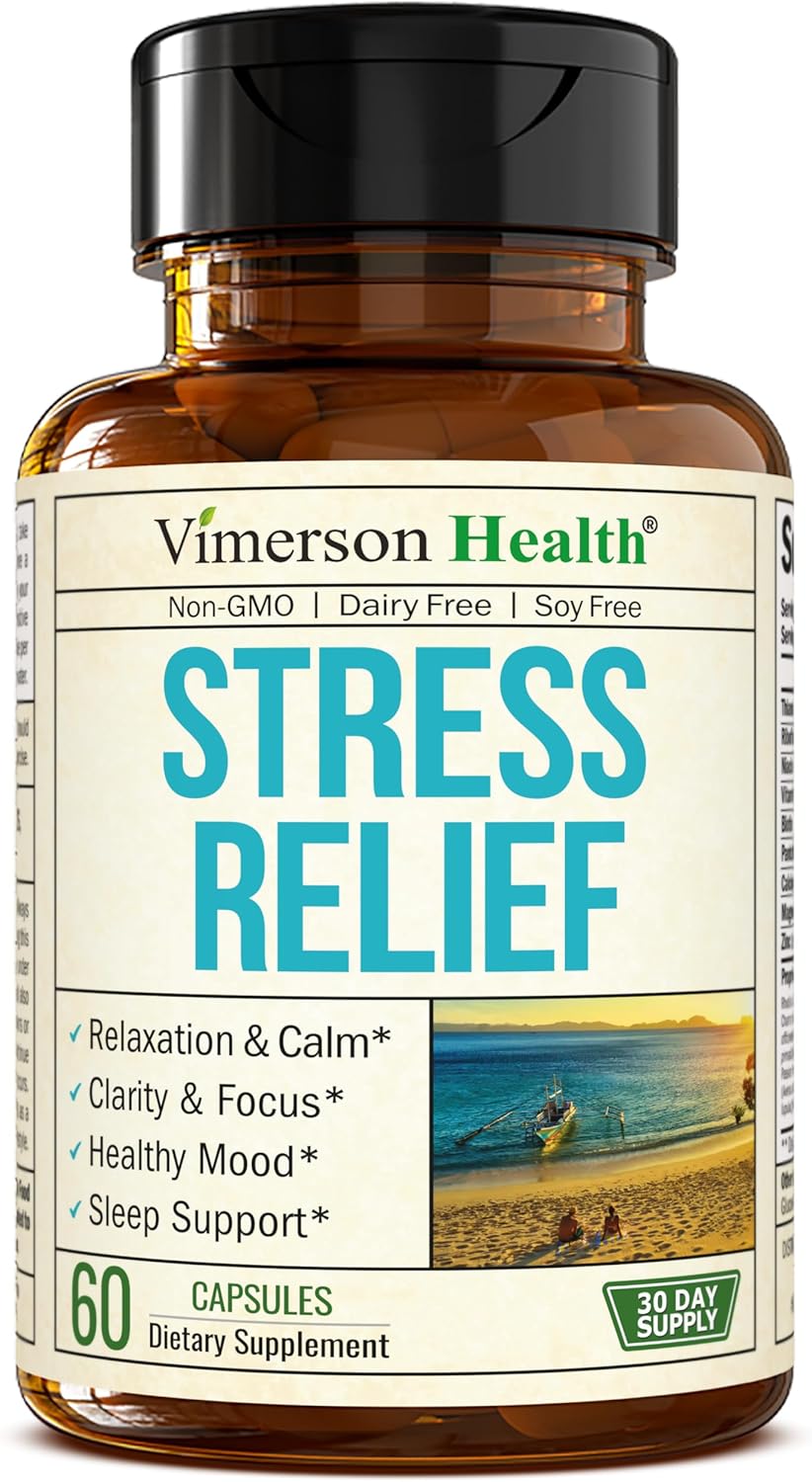 Natural Stress Relief Supplement with Ashwagandha, Valerian, St John’s Wort, GABA & B-Vitamins - Promotes Relaxation, Sleep, Calm & Balanced Mood. Vegan & Non-GMO, 60 Capsules.