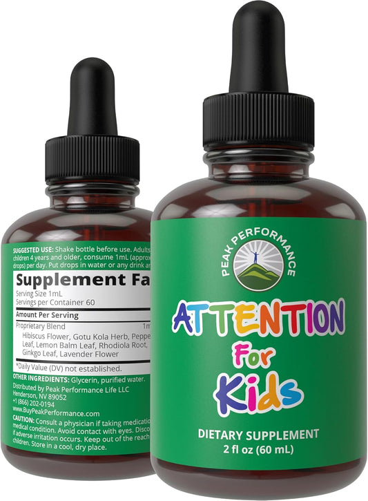 Natural Sugar-Free Kids Focus Drops for Peak Performance - 7-in-1 Vegan Nootropic Liquid Supplement for Attention, Concentration, Memory - Non-Habit Forming, No Bitter Taste - Children, Teenagers
