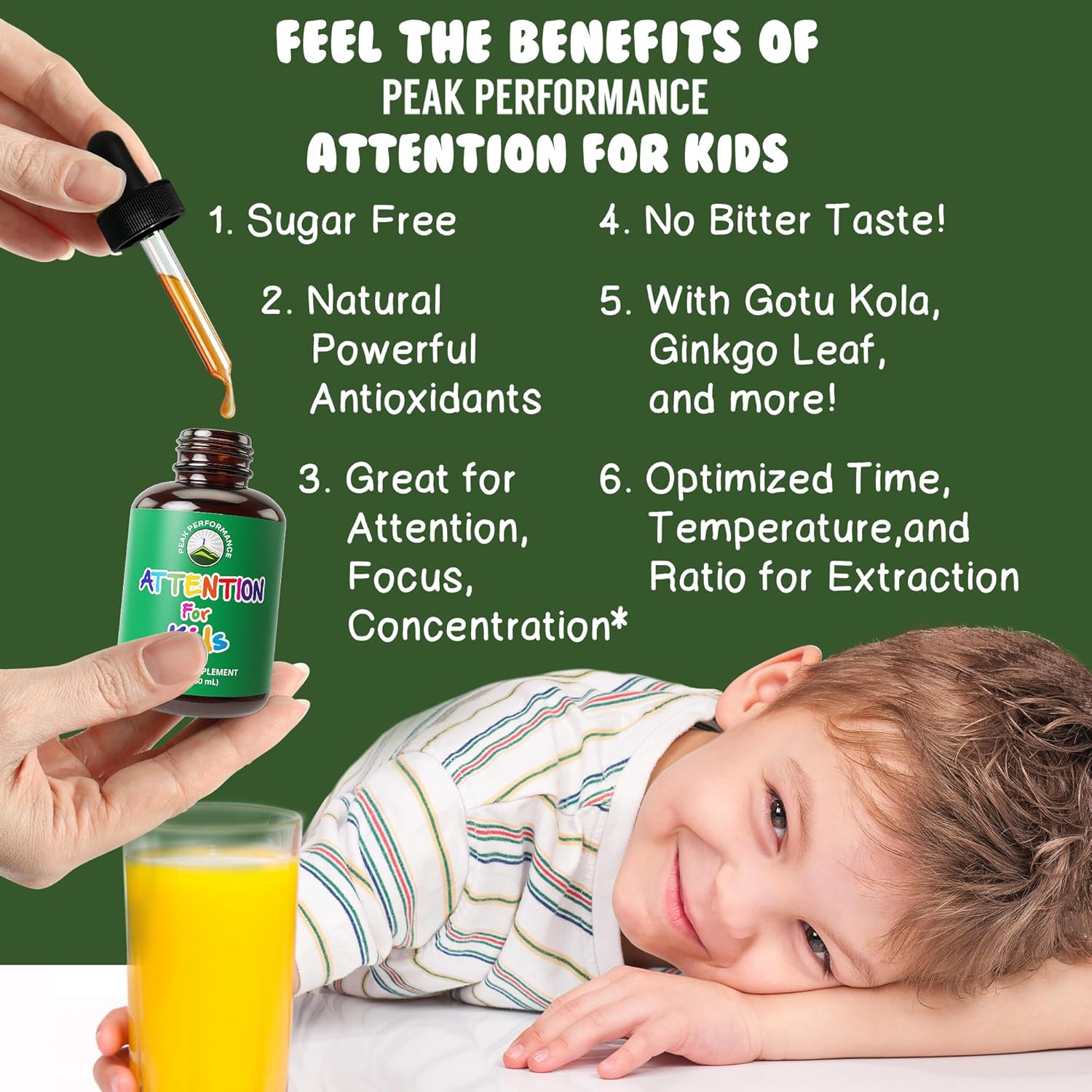Natural Sugar-Free Kids Focus Drops for Peak Performance - 7-in-1 Vegan Nootropic Liquid Supplement for Attention, Concentration, Memory - Non-Habit Forming, No Bitter Taste - Children, Teenagers