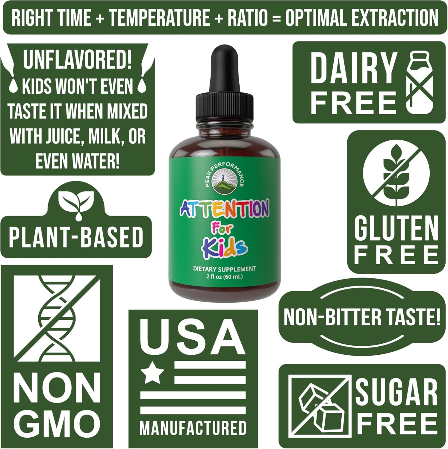 Natural Sugar-Free Kids Focus Drops for Peak Performance - 7-in-1 Vegan Nootropic Liquid Supplement for Attention, Concentration, Memory - Non-Habit Forming, No Bitter Taste - Children, Teenagers