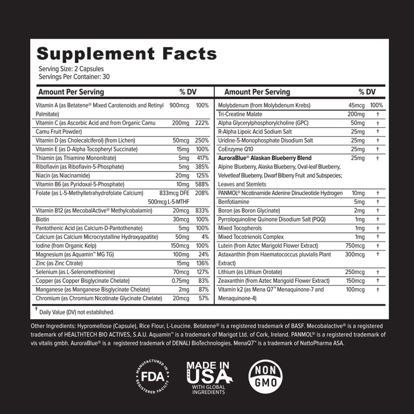 Natural Sugar-Free Whole Food Multivitamins for Adults & Seniors - 2X Daily with Vitamin A, C, D3 - 60 Capsules (30 Servings)