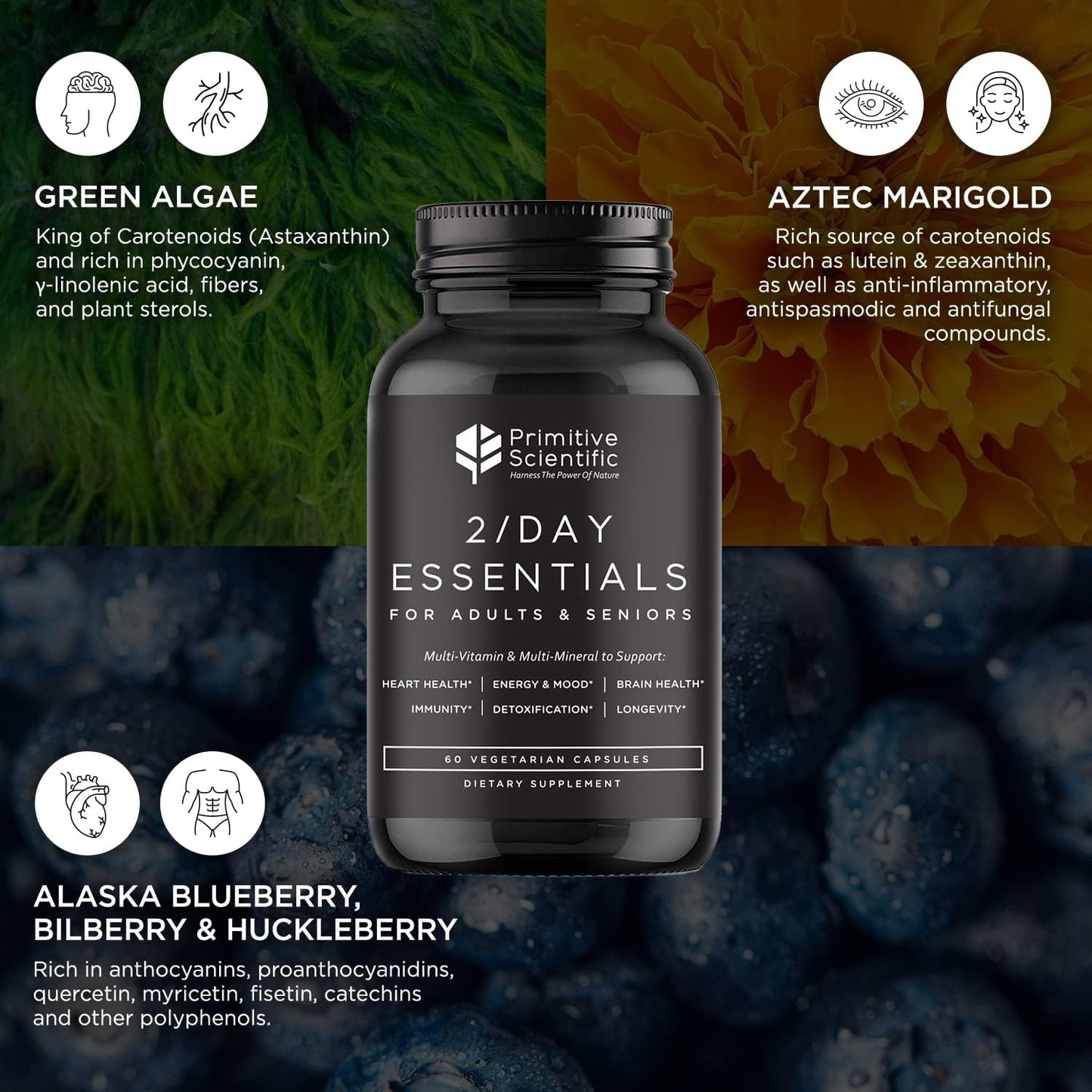 Natural Sugar-Free Whole Food Multivitamins for Adults & Seniors - 2X Daily with Vitamin A, C, D3 - 60 Capsules (30 Servings)