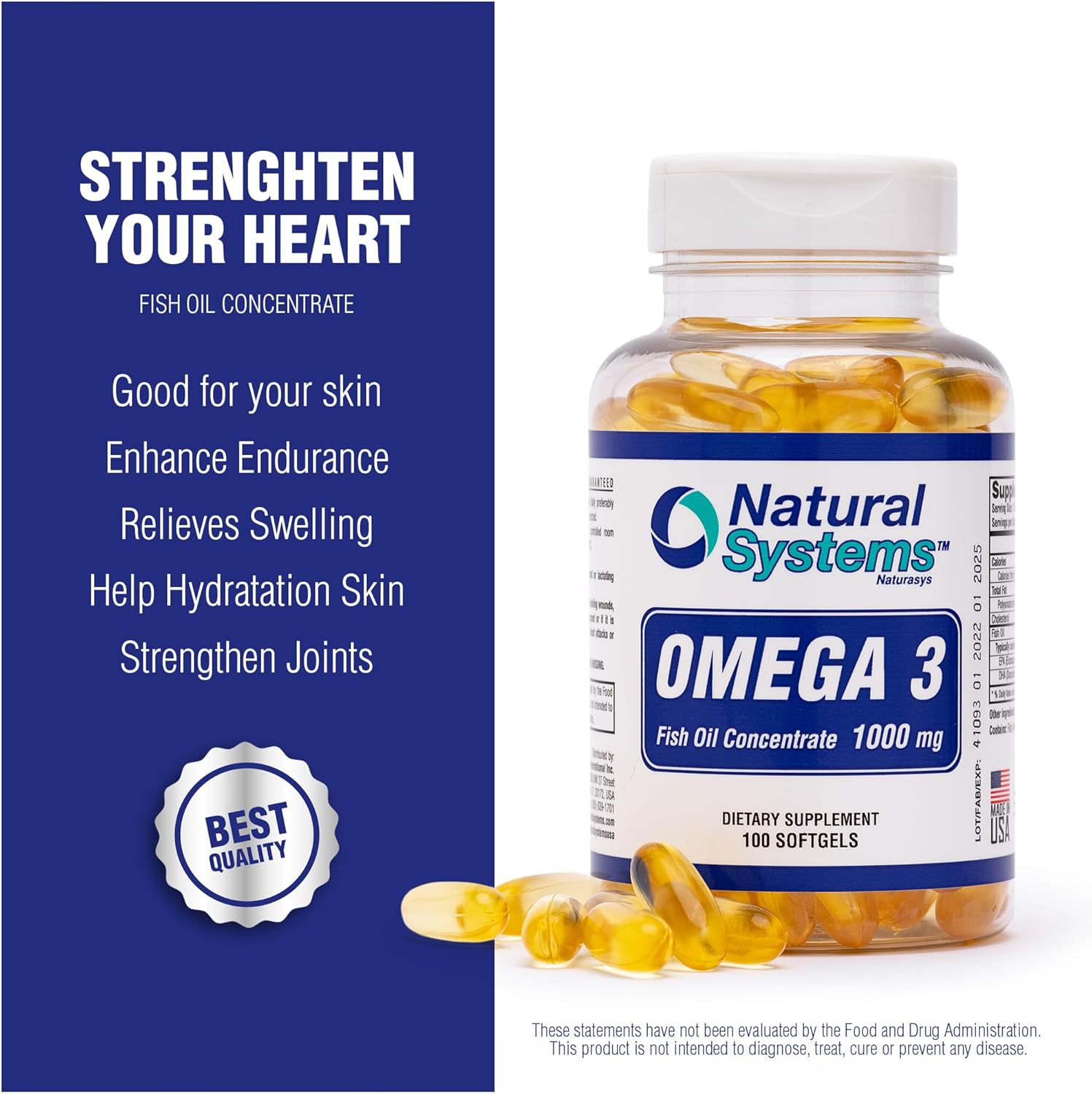 Natural Systems Naturasys Omega 3 1000mg Fish Oil Softgels - Concentrated Supplements for Heart, Eye, Brain, and Joint Support - EPA & DHA Capsules for Daily Diet - 100 Count