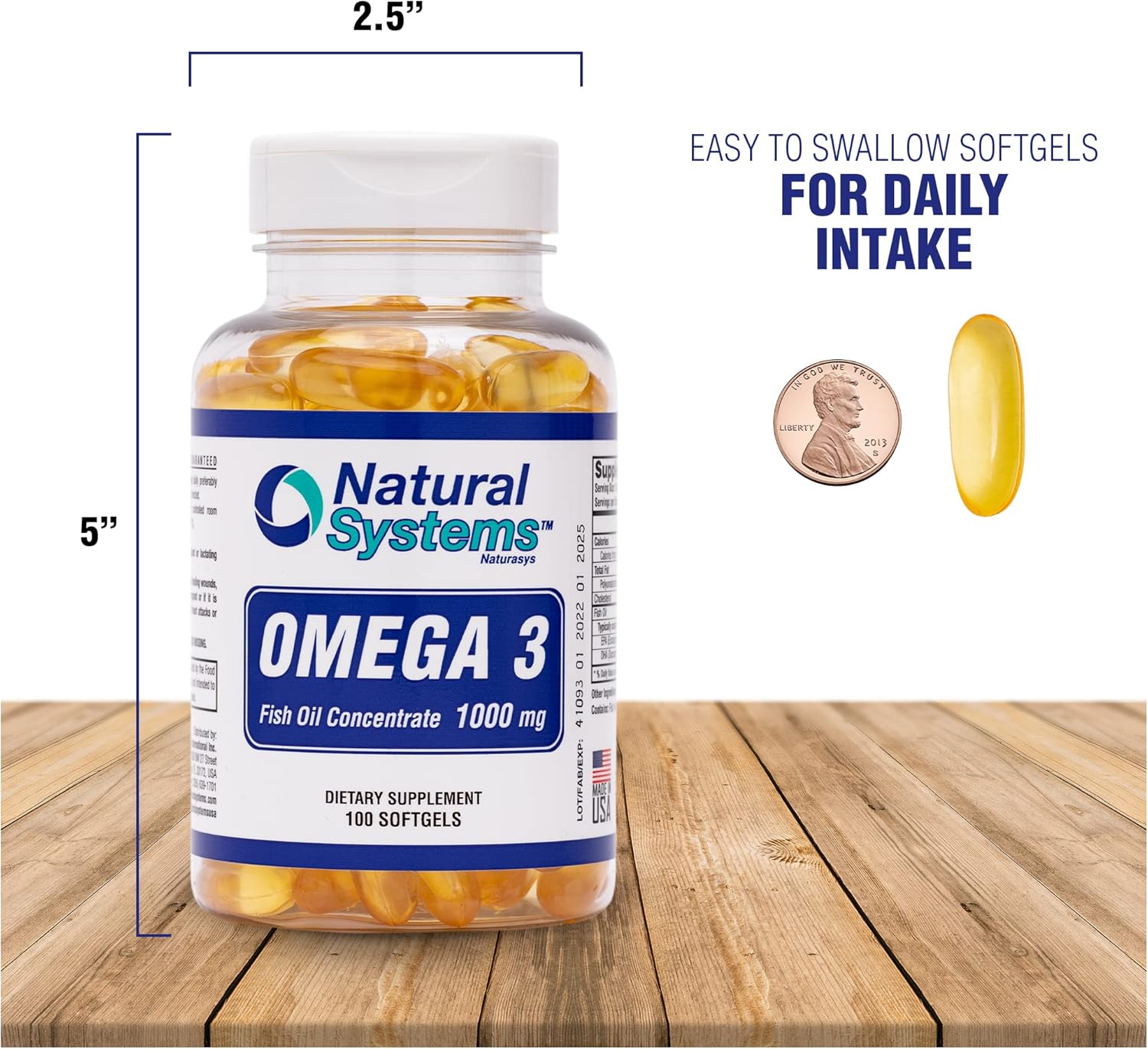 Natural Systems Naturasys Omega 3 1000mg Fish Oil Softgels - Concentrated Supplements for Heart, Eye, Brain, and Joint Support - EPA & DHA Capsules for Daily Diet - 100 Count