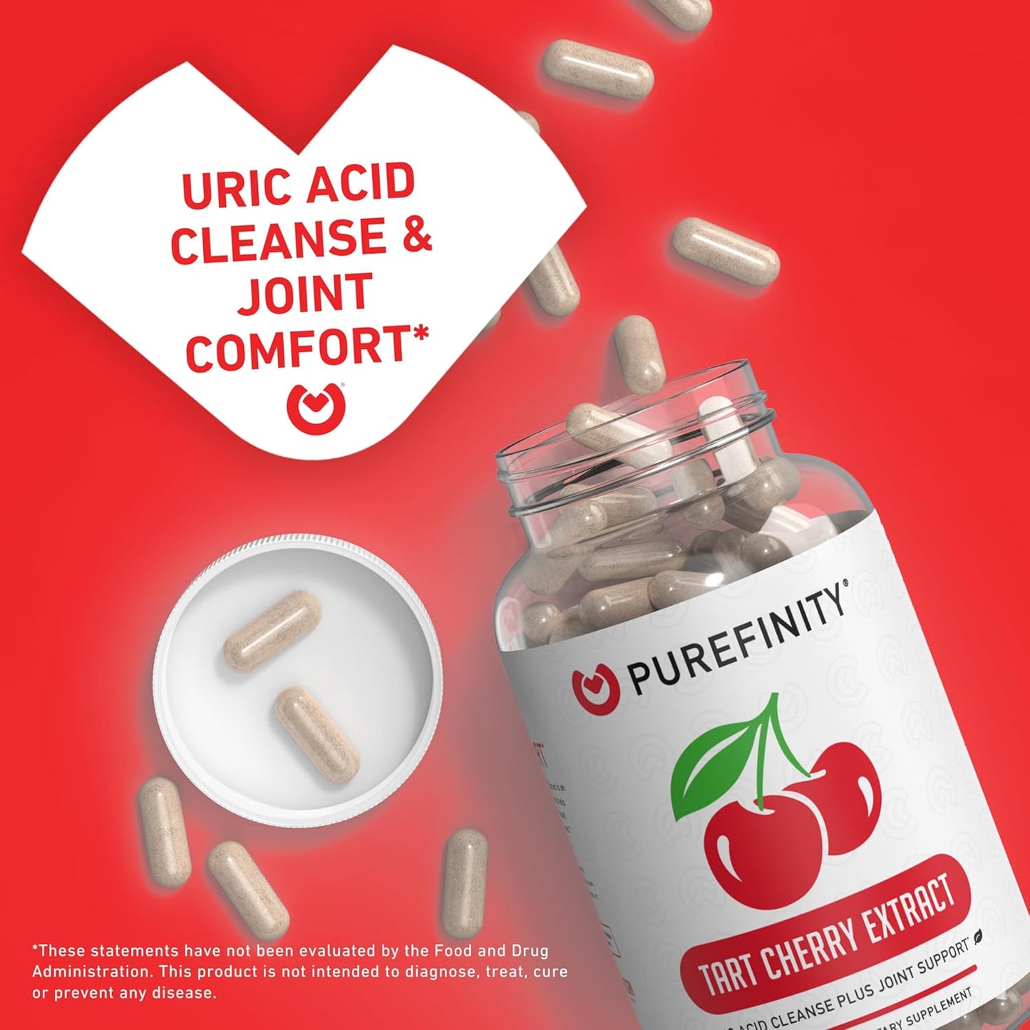 Natural Tart Cherry Capsules for Joint & Muscle Comfort - Uric Acid Flush & Cleanse - Non-GMO, Gluten Free, Vegan - 30 Count
