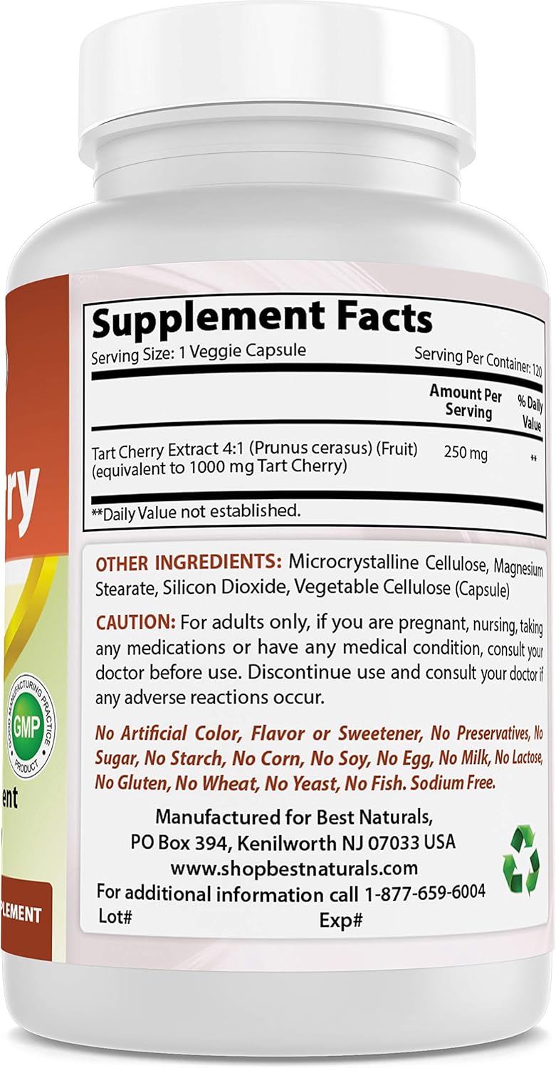 Natural Tart Cherry Extract 1000mg Capsules - Supports Healthy Uric Acid Levels, Joint Function, and Sleep Cycle - Non-GMO - 120 Count