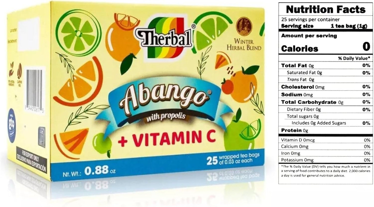 Natural Therbal Abango Tea with Propolis, Echinacea, and Vitamin C - 25 Tea Bags + 16 Cough Drops - Herbal Dietary Supplement