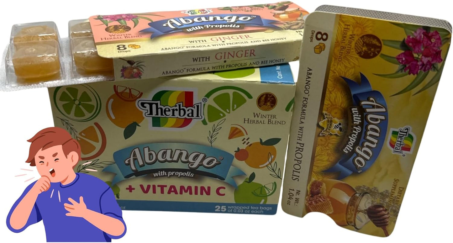 Natural Therbal Abango Tea with Propolis, Echinacea, and Vitamin C - 25 Tea Bags + 16 Cough Drops - Herbal Dietary Supplement