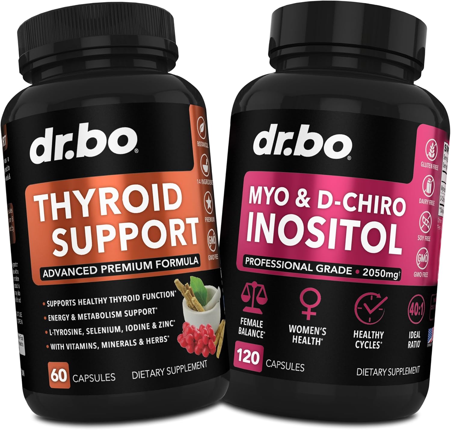 Natural Thyroid Support Capsules with Myo-Inositol & D-Chiro Inositol - Hormone Balance for Women & Menstrual Cycle - Metabolism & Mood Boost