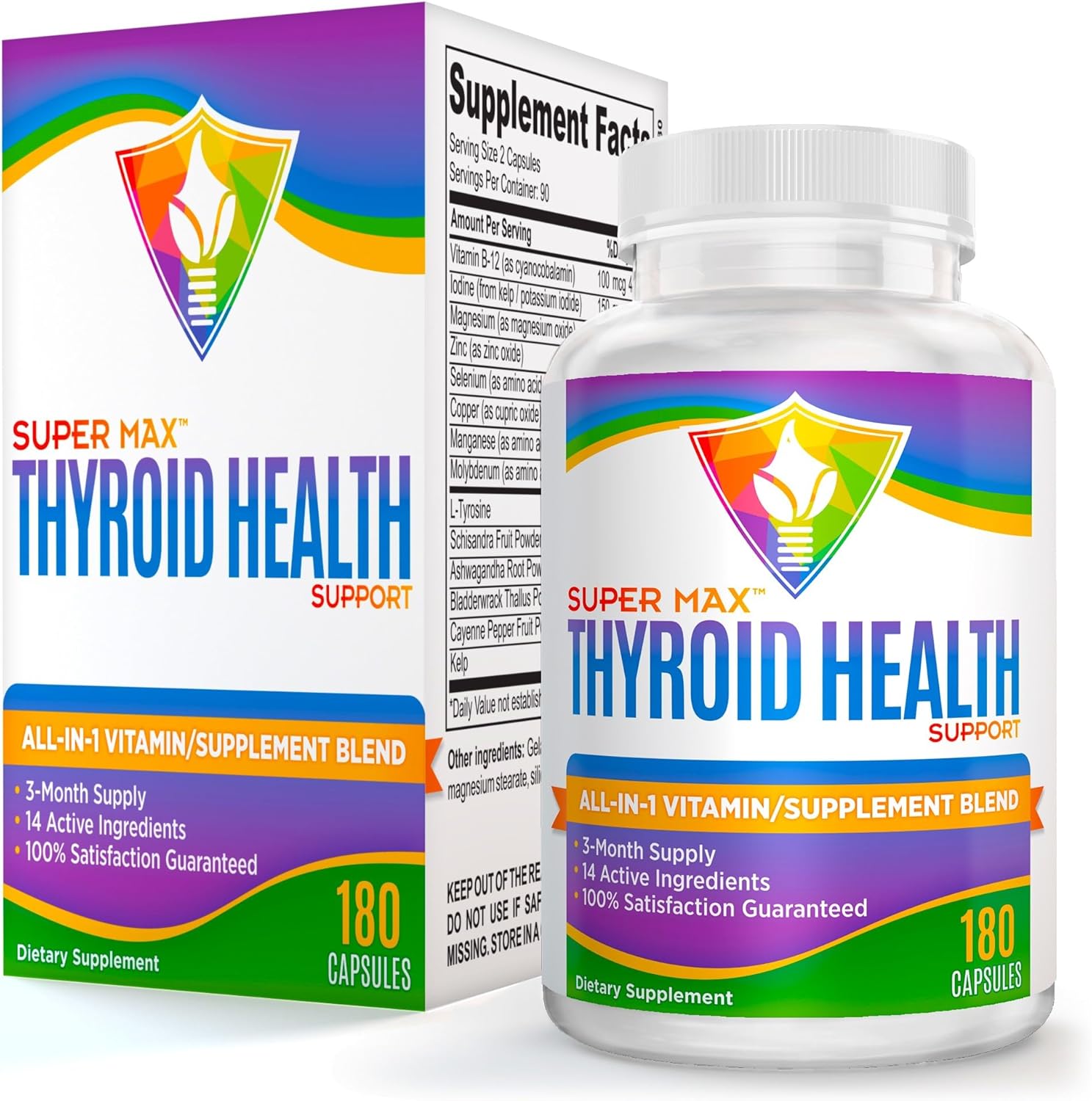 Natural Thyroid Support Complex - 3 Month Supply - 180 Capsules - 14 Active Ingredients - Men & Women Thyroid Health Supplement