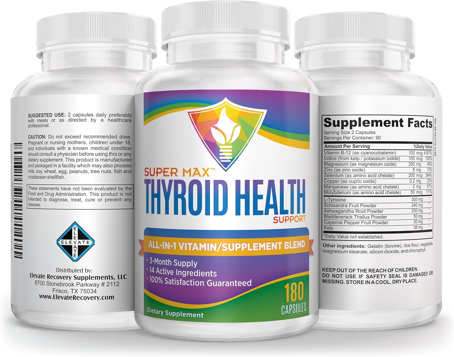Natural Thyroid Support Complex - 3 Month Supply - 180 Capsules - 14 Active Ingredients - Men & Women Thyroid Health Supplement