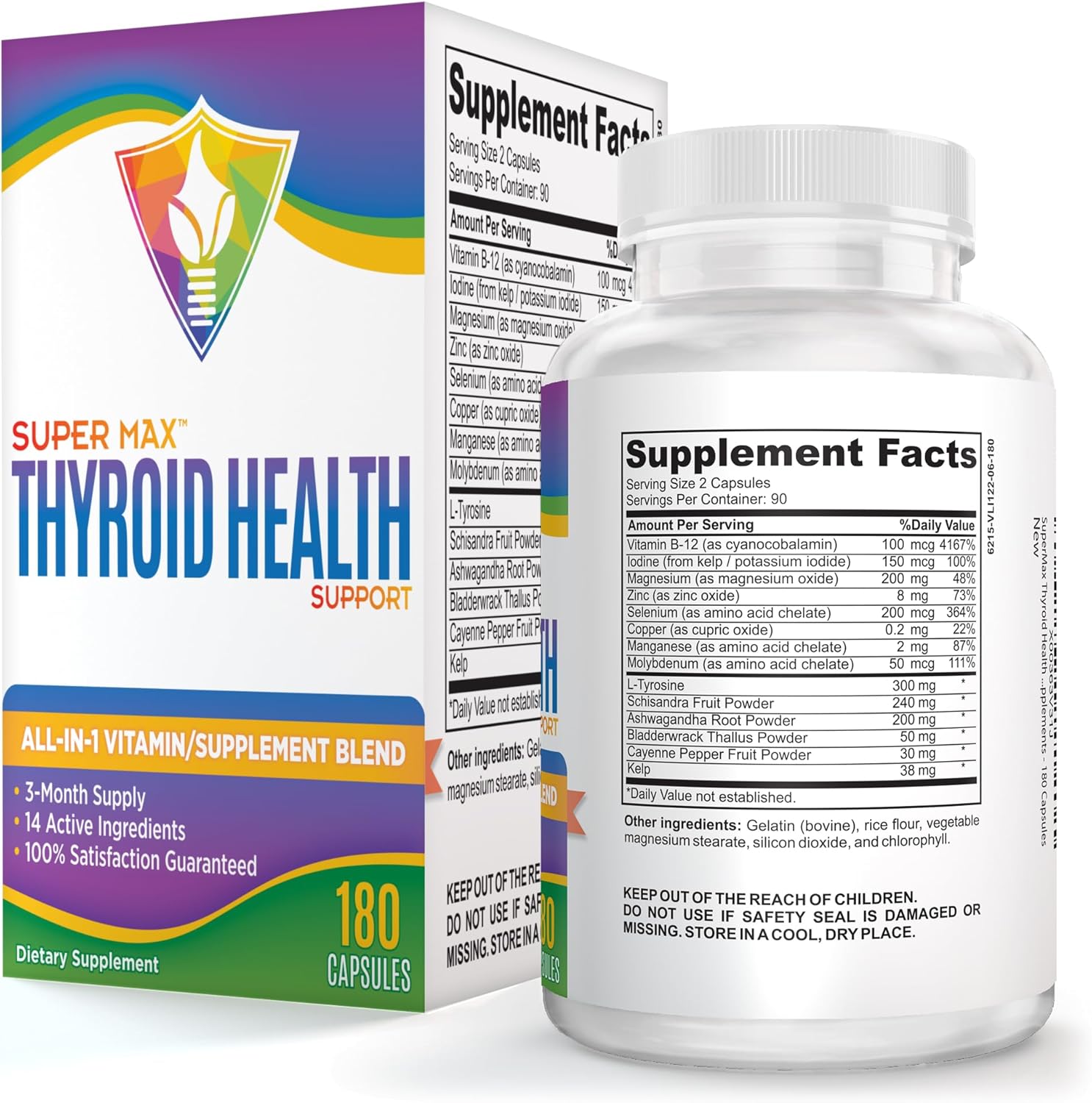 Natural Thyroid Support Complex - 3 Month Supply - 180 Capsules - 14 Active Ingredients - Men & Women Thyroid Health Supplement