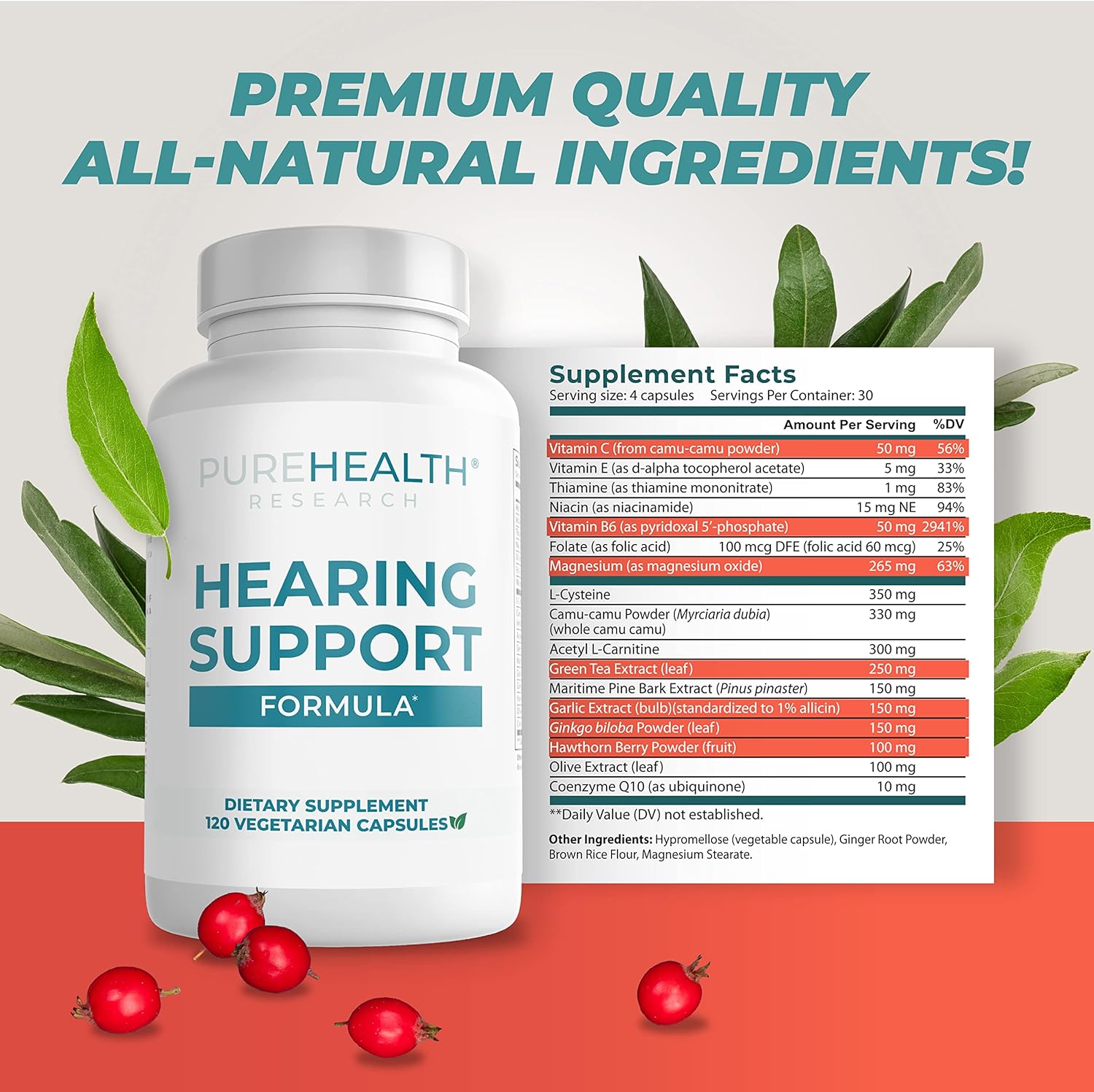 Natural Tinnitus Relief Formula with Flavonoids & Vitamins - Hearing Support Supplement for Ringing Ears - 1 Bottle by PUREHEALTH RESEARCH