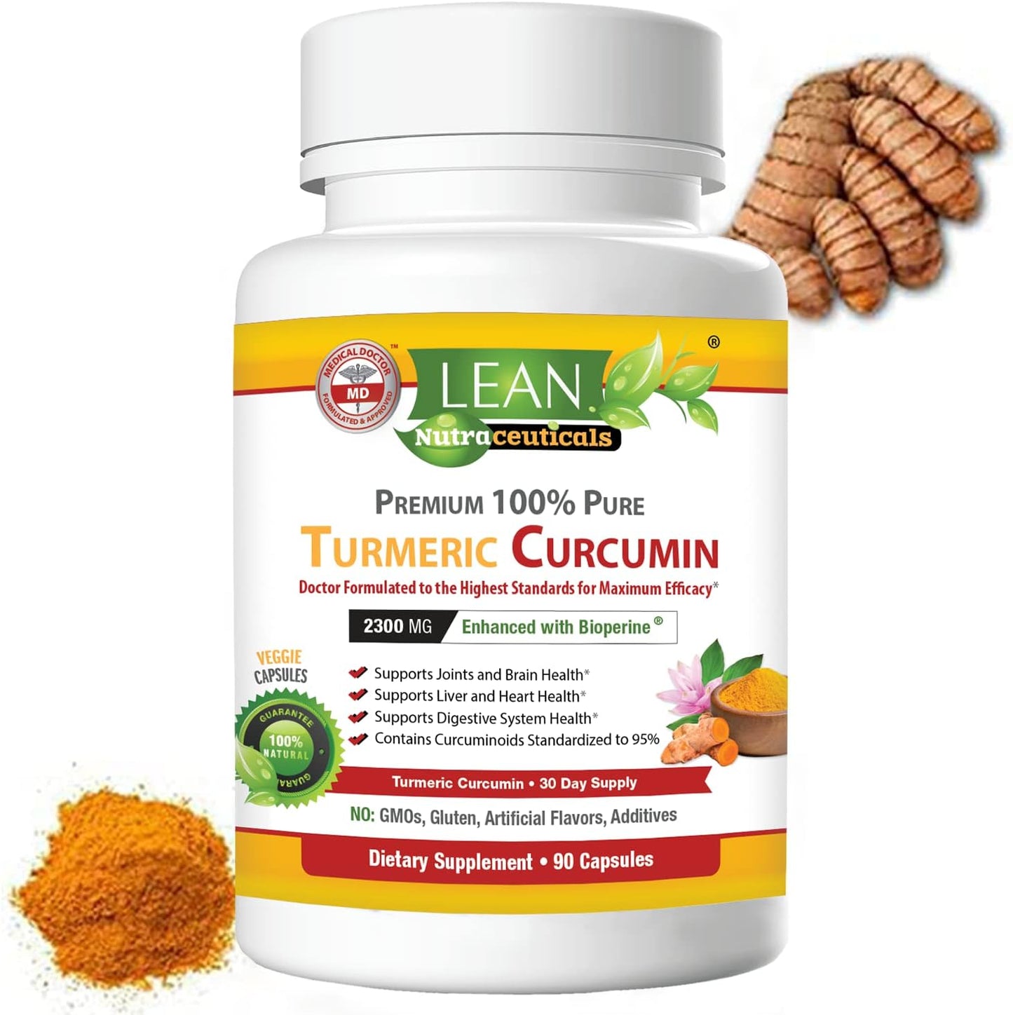 Natural Turmeric Curcumin with Bioperine 2300mg - Joint, Liver, Heart Support - Metabolism Boost - 90 Capsules