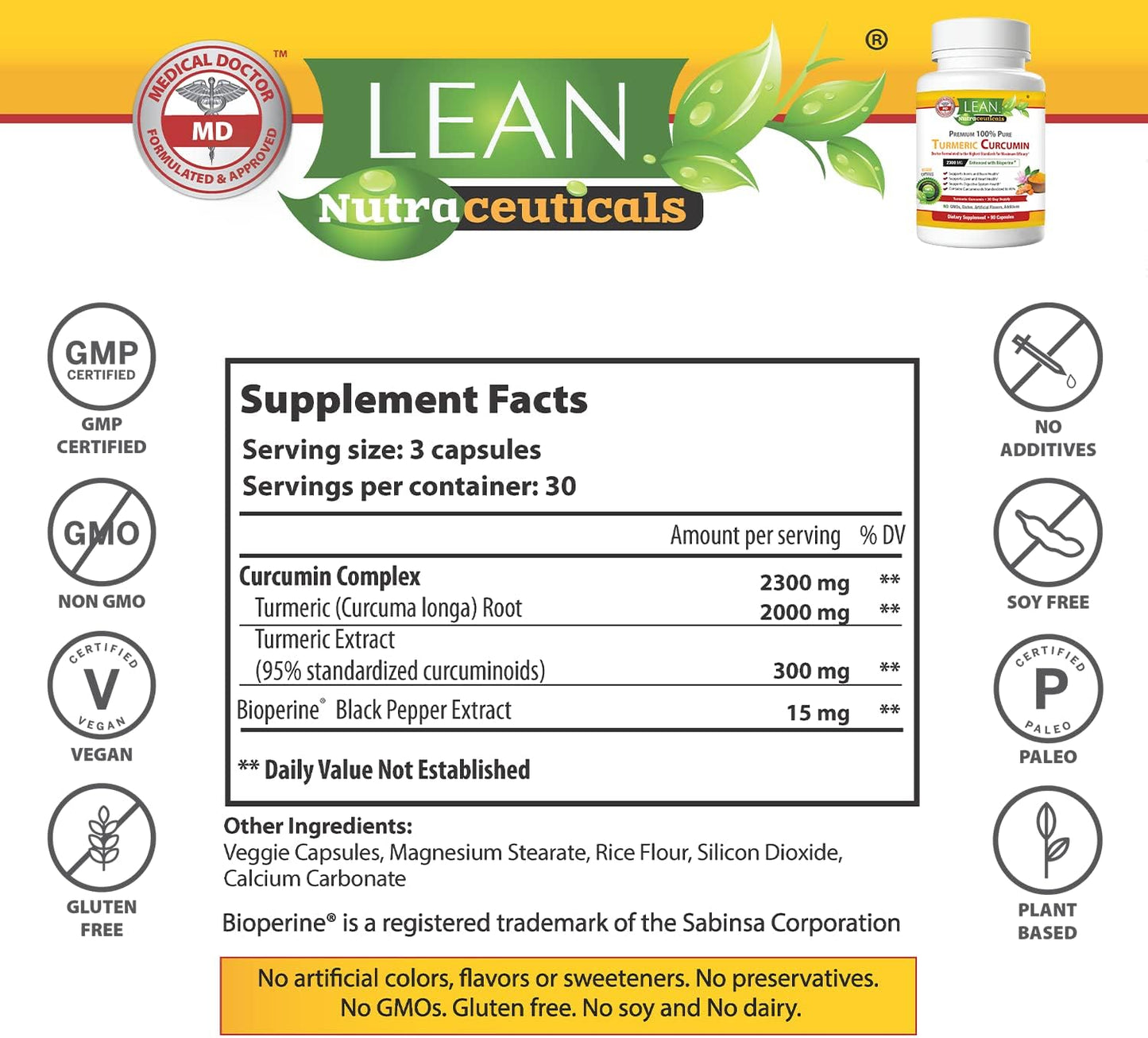 Natural Turmeric Curcumin with Bioperine 2300mg - Joint, Liver, Heart Support - Metabolism Boost - 90 Capsules