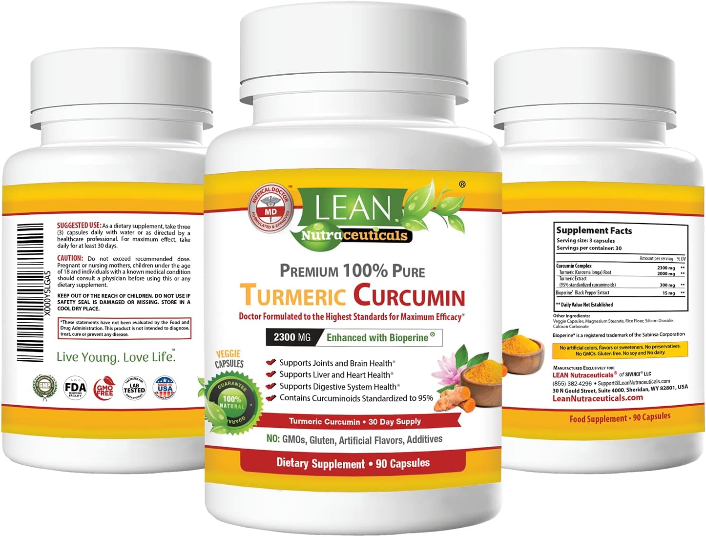Natural Turmeric Curcumin with Bioperine 2300mg - Joint, Liver, Heart Support - Metabolism Boost - 90 Capsules