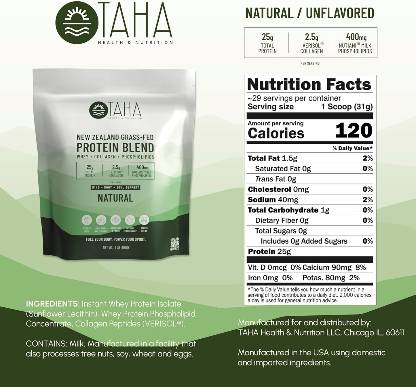 Natural Unflavored Protein Blend with Whey, Collagen, and Milk Phospholipids | 25g Protein per Serving | Grass-Fed, Free-Range Dairy | 2LB Pack from New Zealand