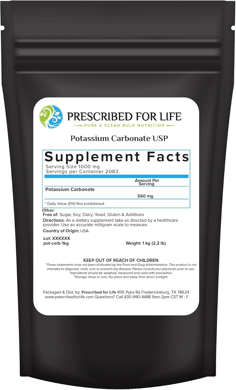 Natural USP Food Grade Potassium Carbonate Powder for Plants, Soap, Supplements - Pure Bulk Potassium Powder (1kg / 2.2lb)