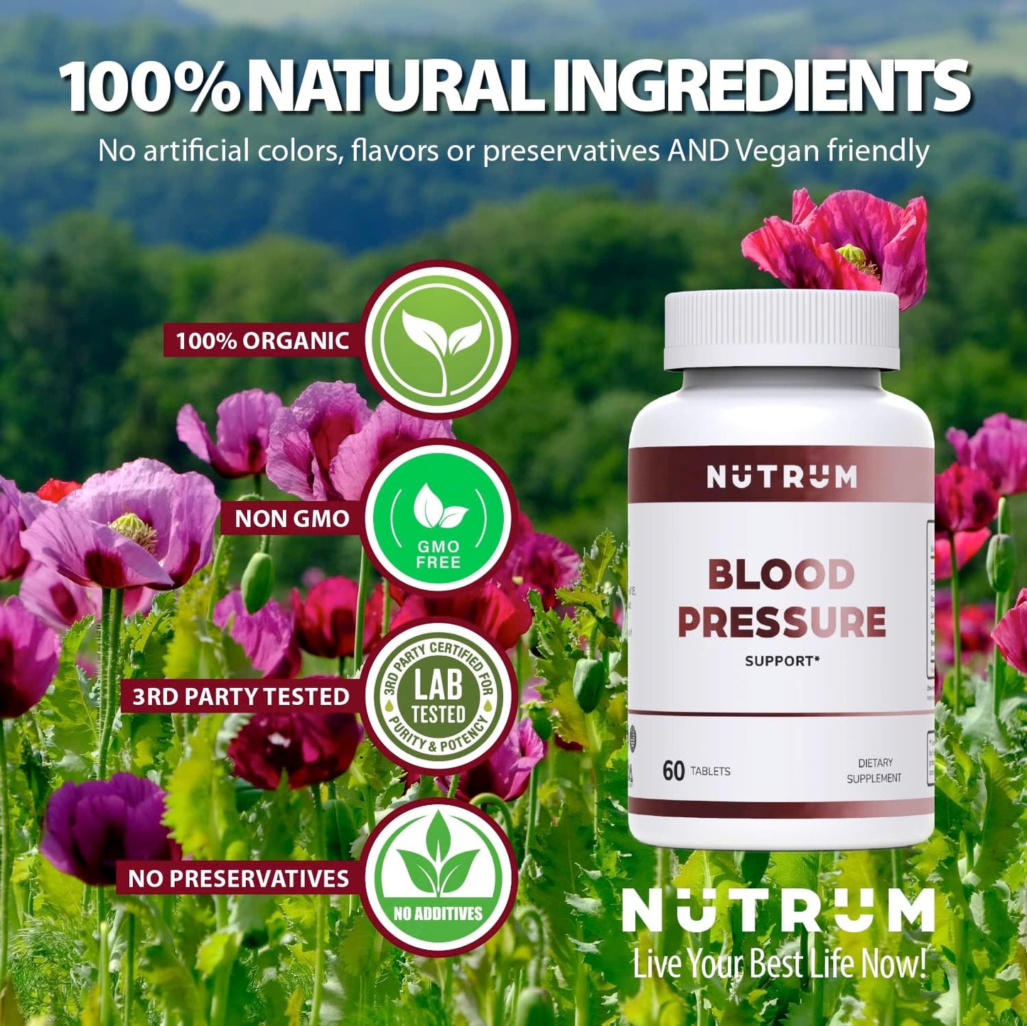 Natural Vegan Blood Pressure Support Supplement with Olive Leaf, Grape Seed, and Garlic - 60 Tablets for Heart Health