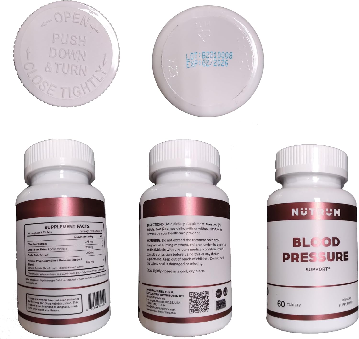 Natural Vegan Blood Pressure Support Supplement with Olive Leaf, Grape Seed, and Garlic - 60 Tablets for Heart Health