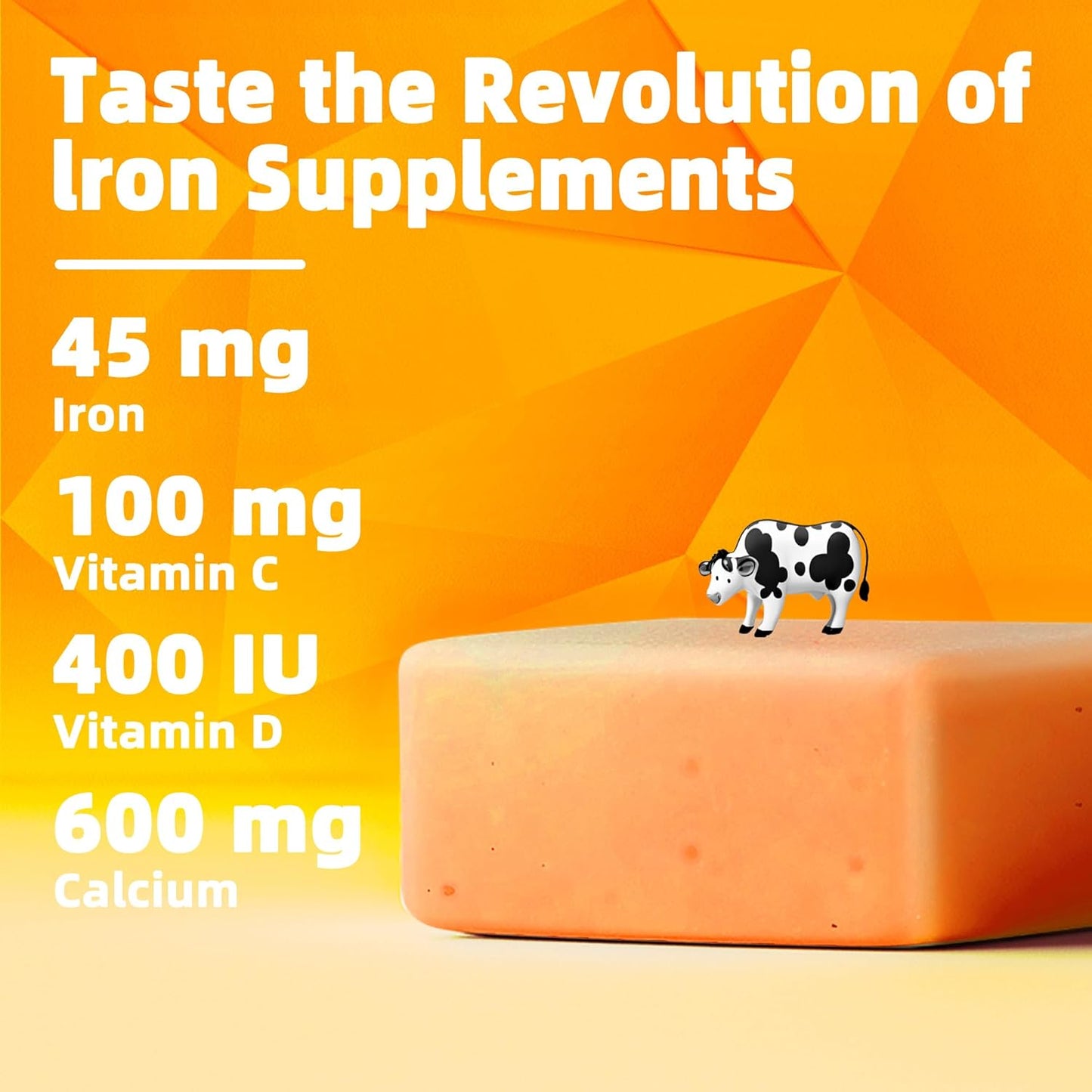 Natural Vegan Iron Supplement Chews with Vitamin C for Energy Support - 60 Orange Soft Chews for Women, Men, and Kids - Includes Vitamin B6, B12, D, Calcium, and Zinc - 2 Month Supply