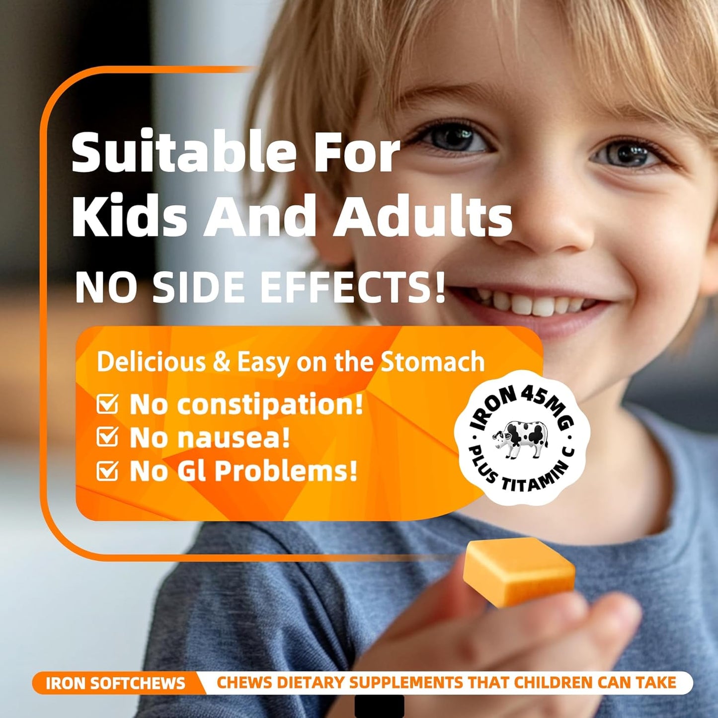 Natural Vegan Iron Supplement Chews with Vitamin C for Energy Support - 60 Orange Soft Chews for Women, Men, and Kids - Includes Vitamin B6, B12, D, Calcium, and Zinc - 2 Month Supply