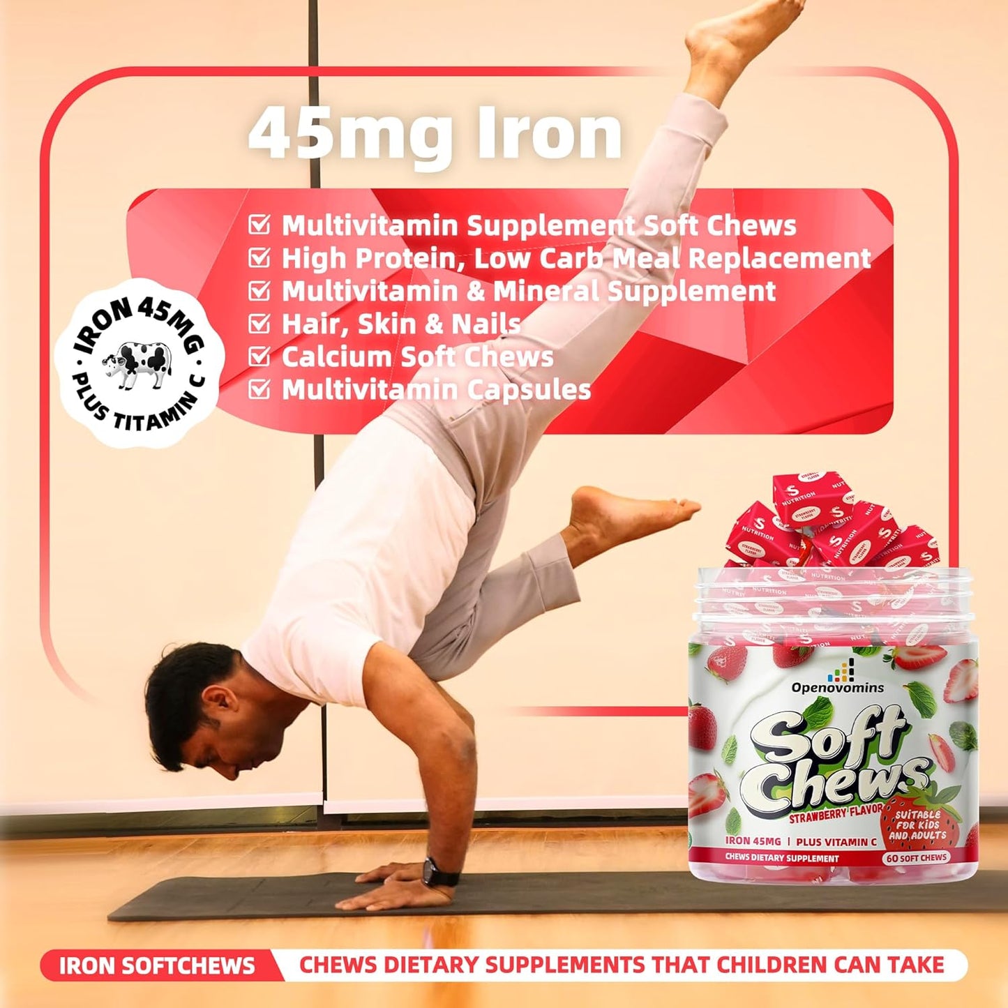 Natural Vegan Iron Supplement Chews with Vitamin C for Energy Support - 60 Strawberry SoftChews, 2 Month Supply for Women, Men, and Kids