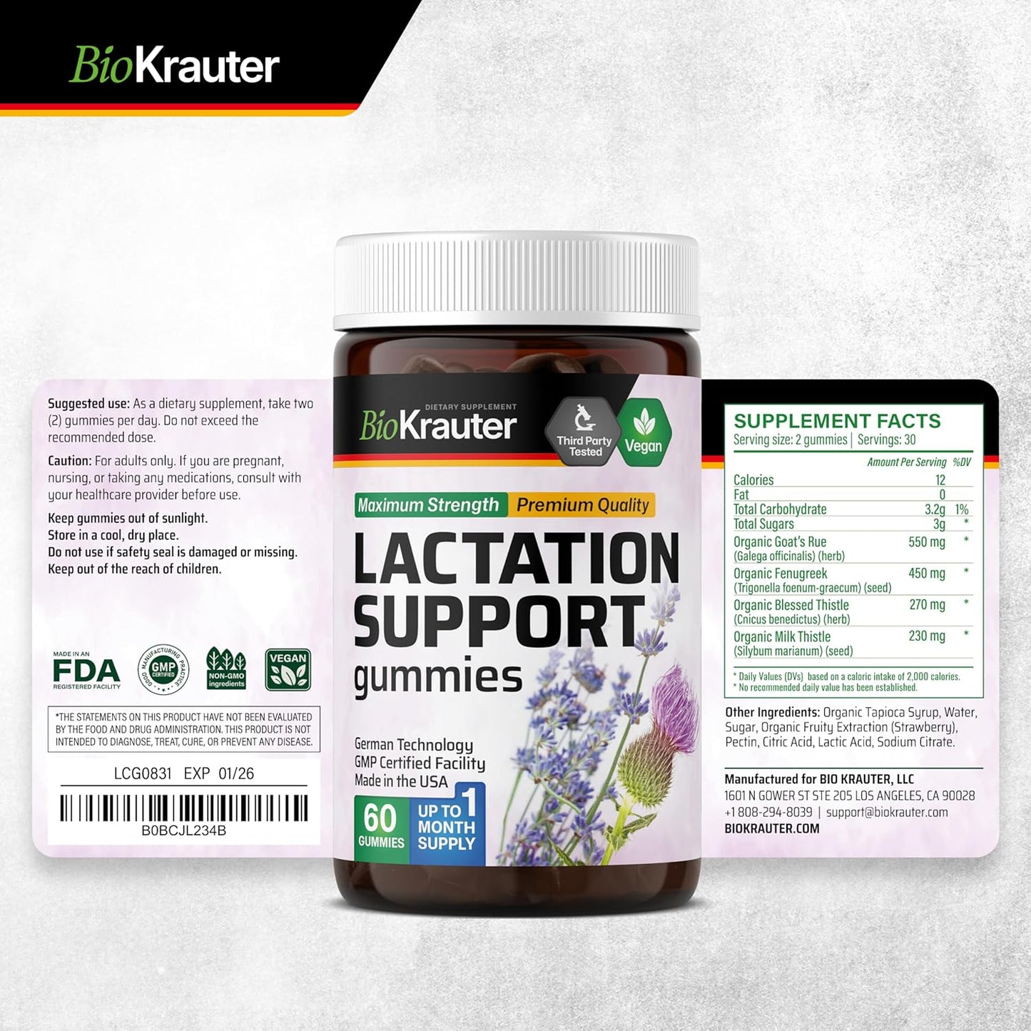 Natural Vegan Lactation Support Gummies - 60 Chews - Goats Rue, Fenugreek, Milk Thistle Extracts - Breastfeeding Supplement