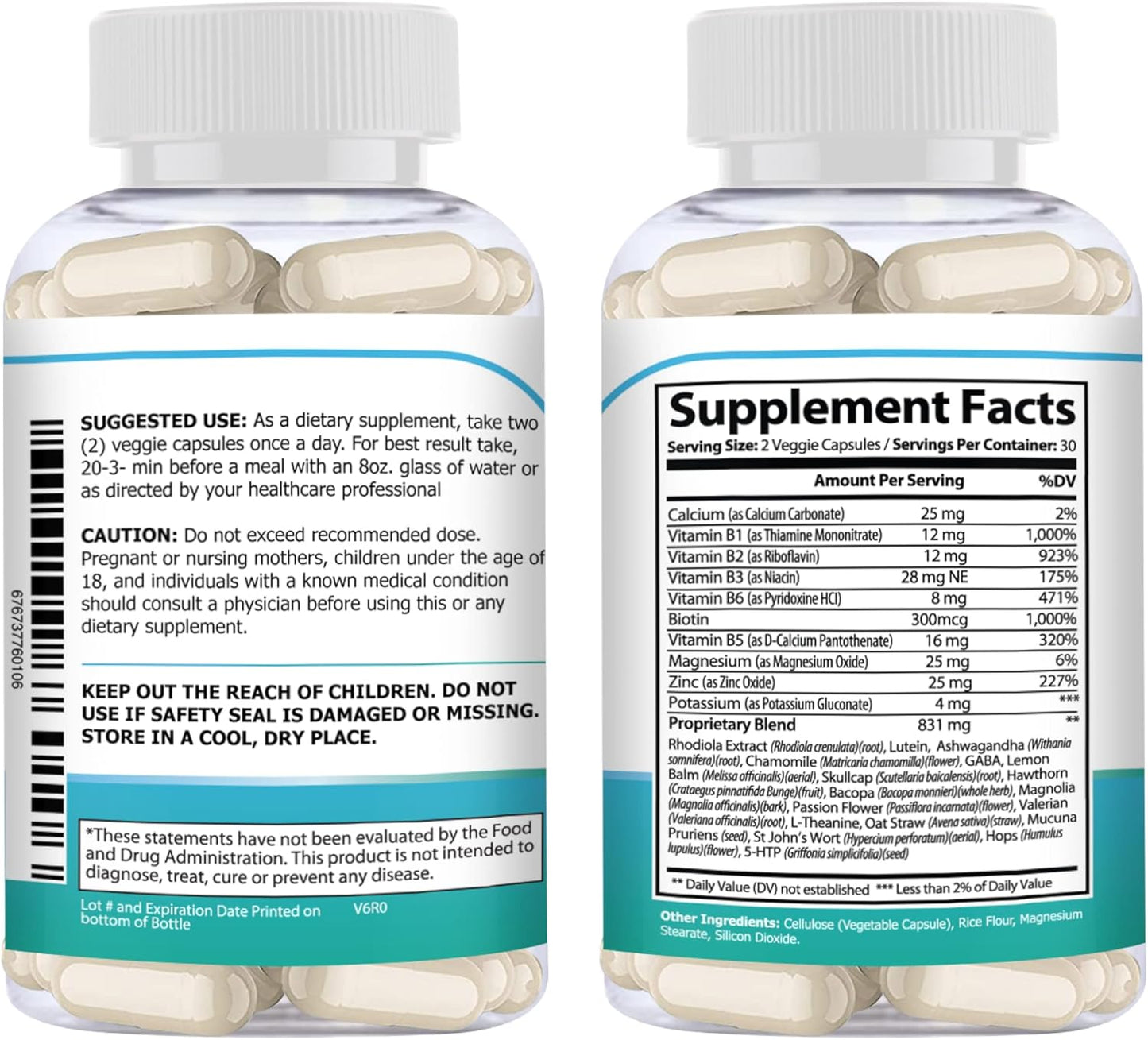 Natural Vegan Mood Support Supplement with Ashwagandha, Rhodiola, and Vitamin B | Stress & Calmness Aid with Lemon Balm, L-Theanine, Chamomile | 60ct