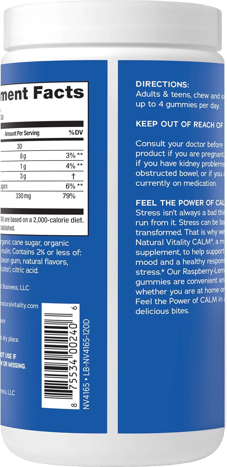 Natural Vitality CALM Magnesium Citrate Gummies - Stress Relief Support, Gluten Free, Vegan, Raspberry Lemon Flavor - 120 Gummies