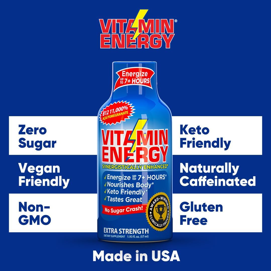 Natural Vitamin B12 Energy Shots - Sugar-Free Focus Drink with B6, B12 Vitamins - Acai Pomegranate Flavor - 1.93 fl oz (Pack of 12)