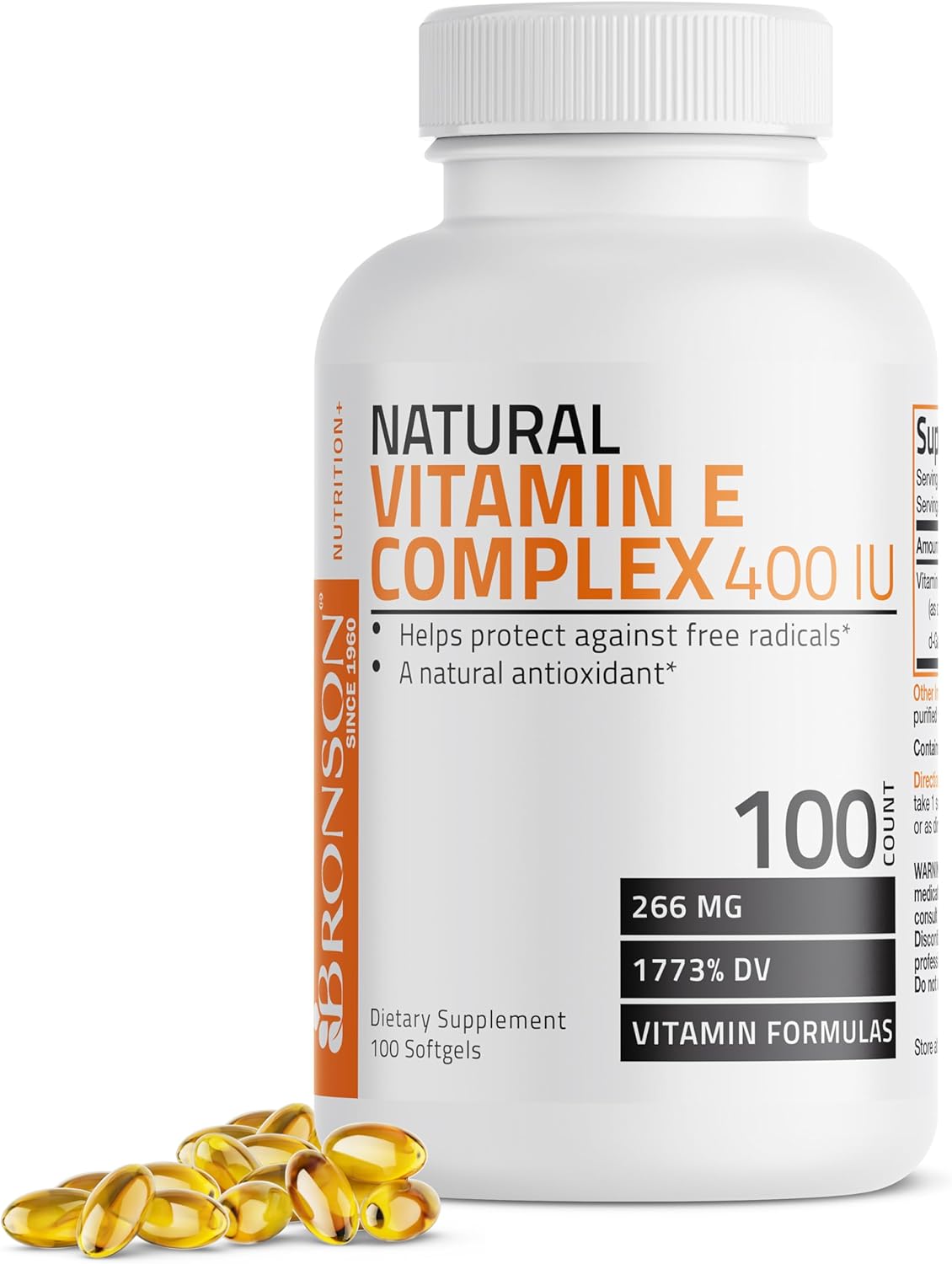Natural Vitamin E Complex 400 I.U. Supplement with Four Tocopherols, Antioxidant, 100 Softgels