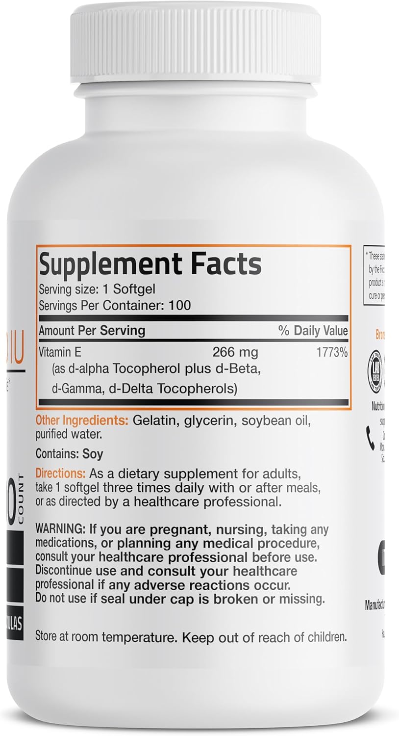 Natural Vitamin E Complex 400 I.U. Supplement with Four Tocopherols, Antioxidant, 100 Softgels