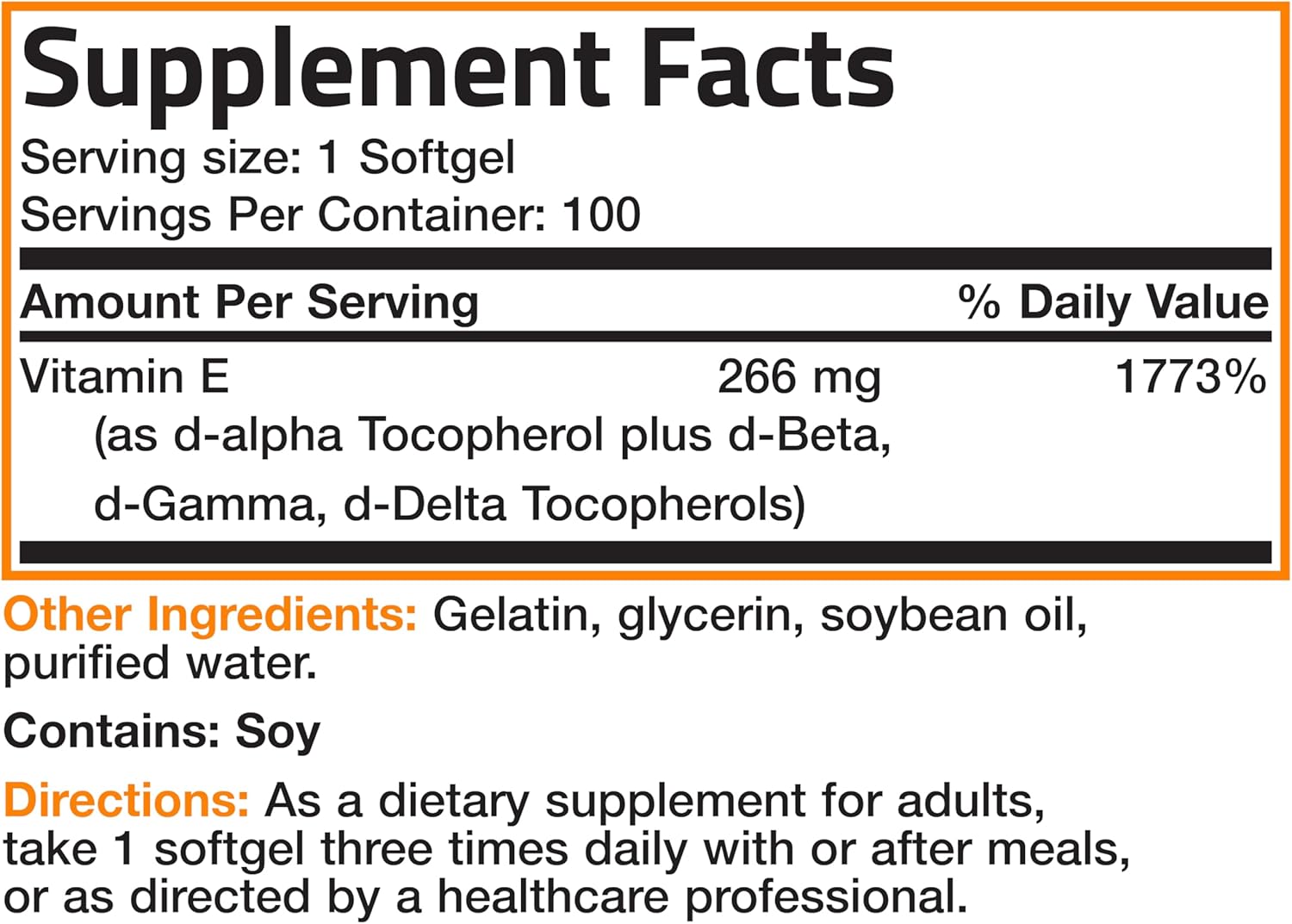 Natural Vitamin E Complex 400 I.U. Supplement with Four Tocopherols, Antioxidant, 100 Softgels