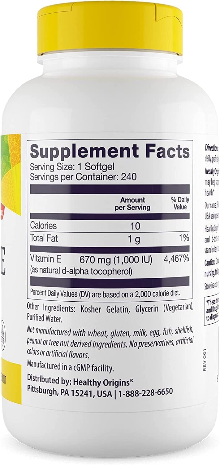 Natural Vitamin E Supplement with Mixed Tocopherols - 1,000 IU Softgels for Skin, Hair & Nails - Gluten-Free & Non-GMO - 240 Count
