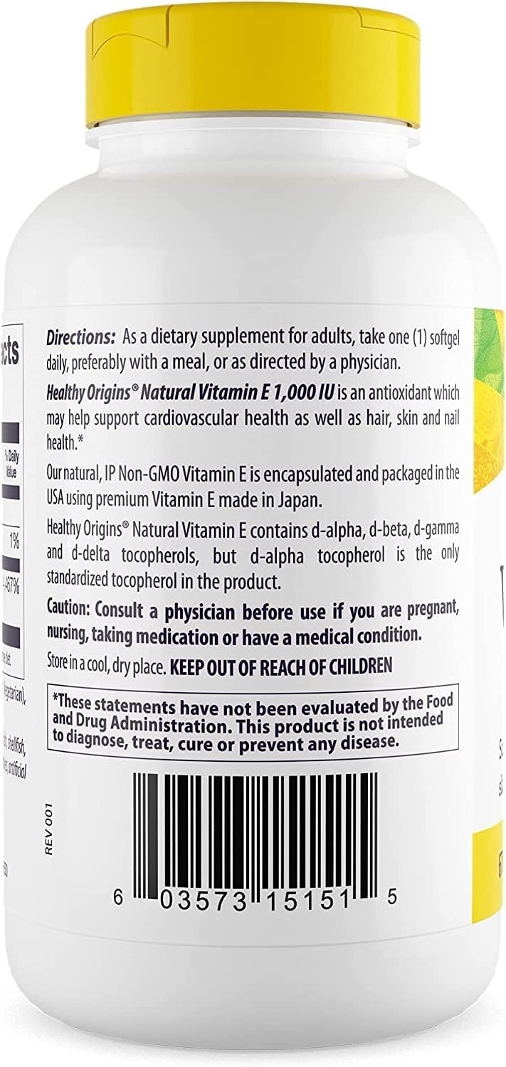 Natural Vitamin E Supplement with Mixed Tocopherols - 1,000 IU Softgels for Skin, Hair & Nails - Gluten-Free & Non-GMO - 240 Count