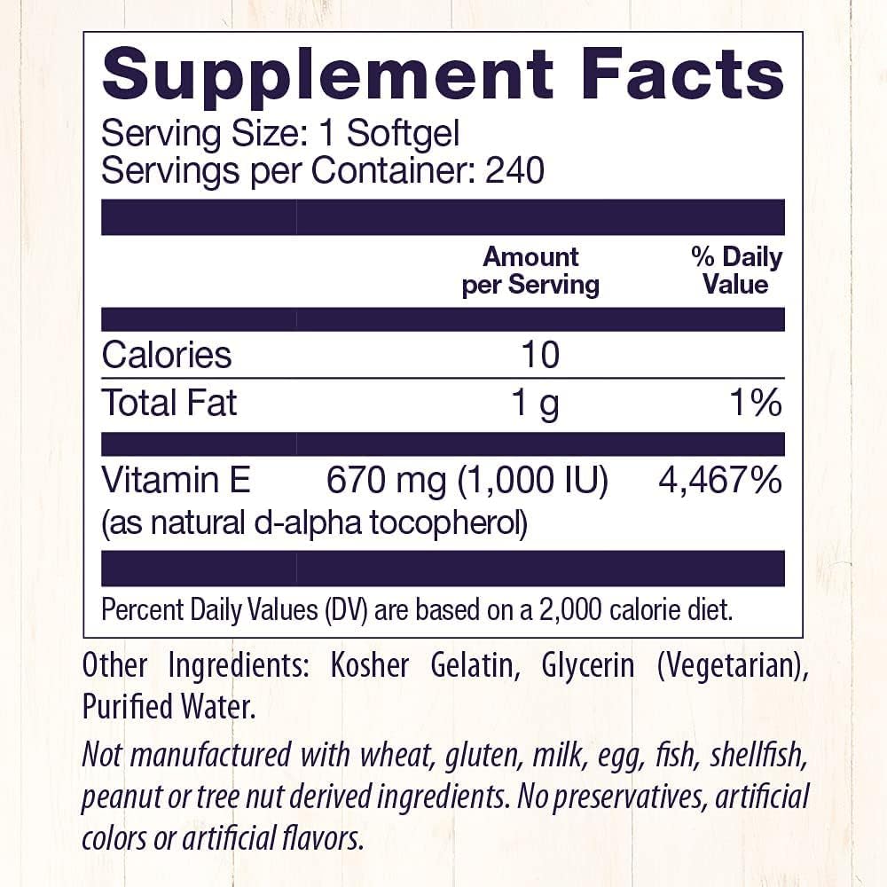Natural Vitamin E Supplement with Mixed Tocopherols - 1,000 IU Softgels for Skin, Hair & Nails - Gluten-Free & Non-GMO - 240 Count