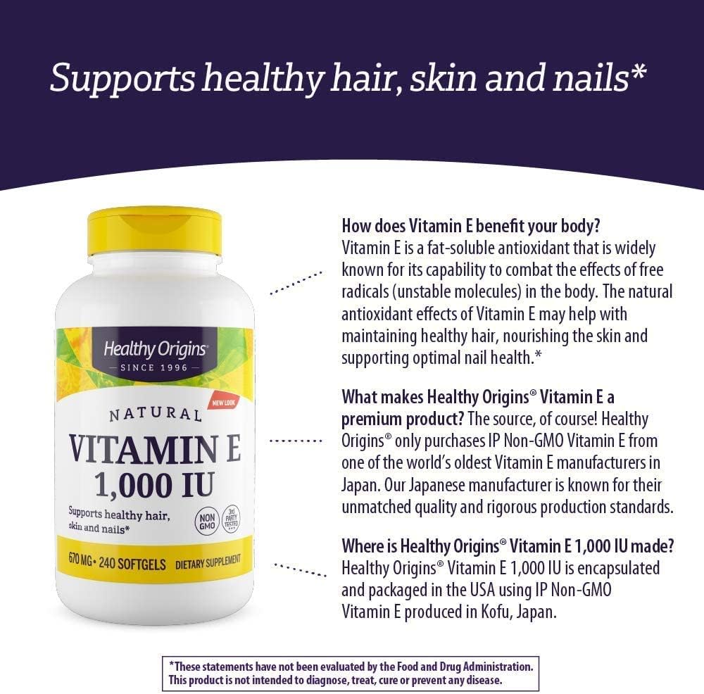 Natural Vitamin E Supplement with Mixed Tocopherols - 1,000 IU Softgels for Skin, Hair & Nails - Gluten-Free & Non-GMO - 240 Count