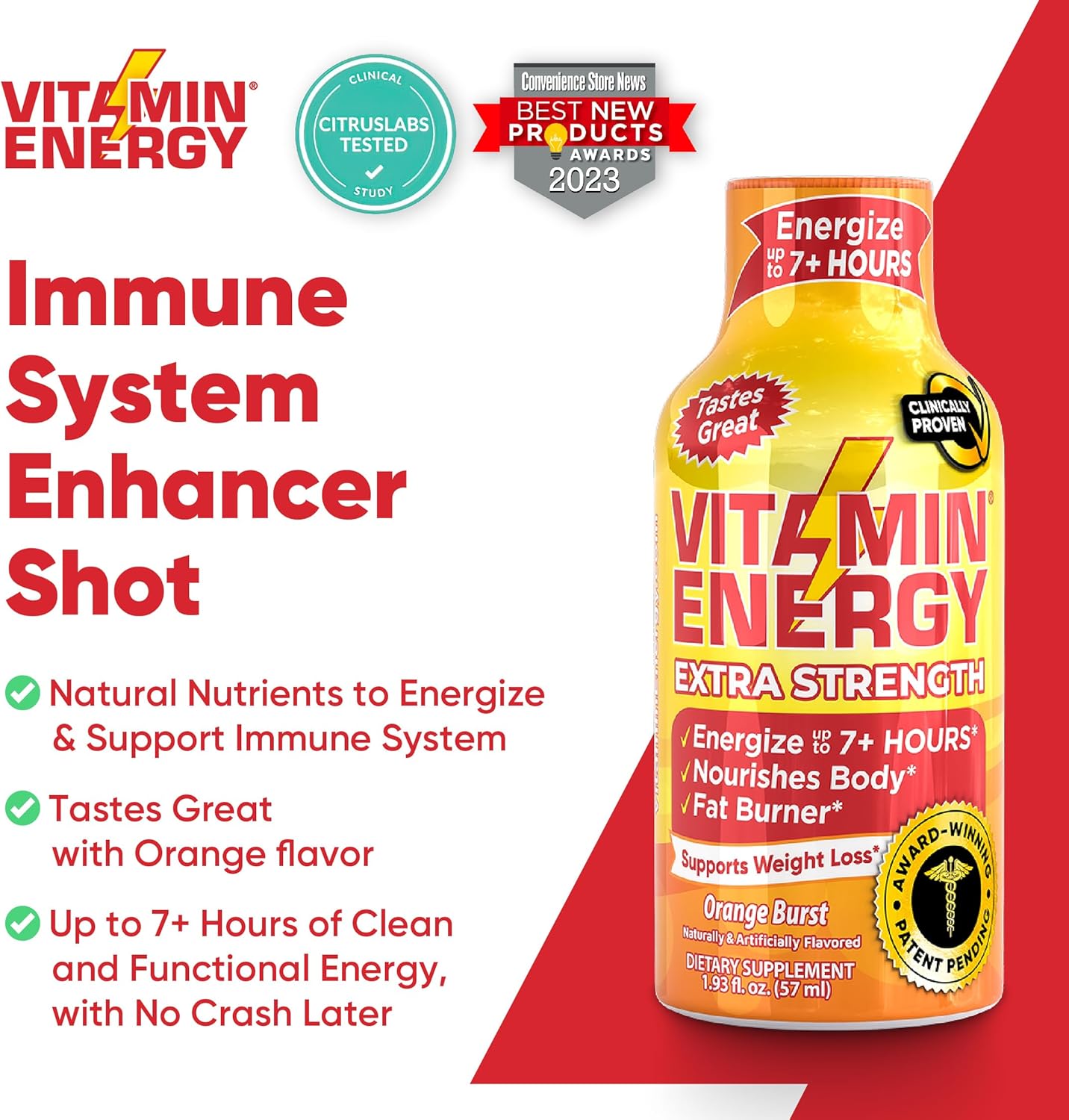 Natural Vitamin Energy Shots for Immune Support | Sugar-Free | Orange Burst Flavor | 7+ Hours of Energy | Pack of 4 - 1.93 fl oz