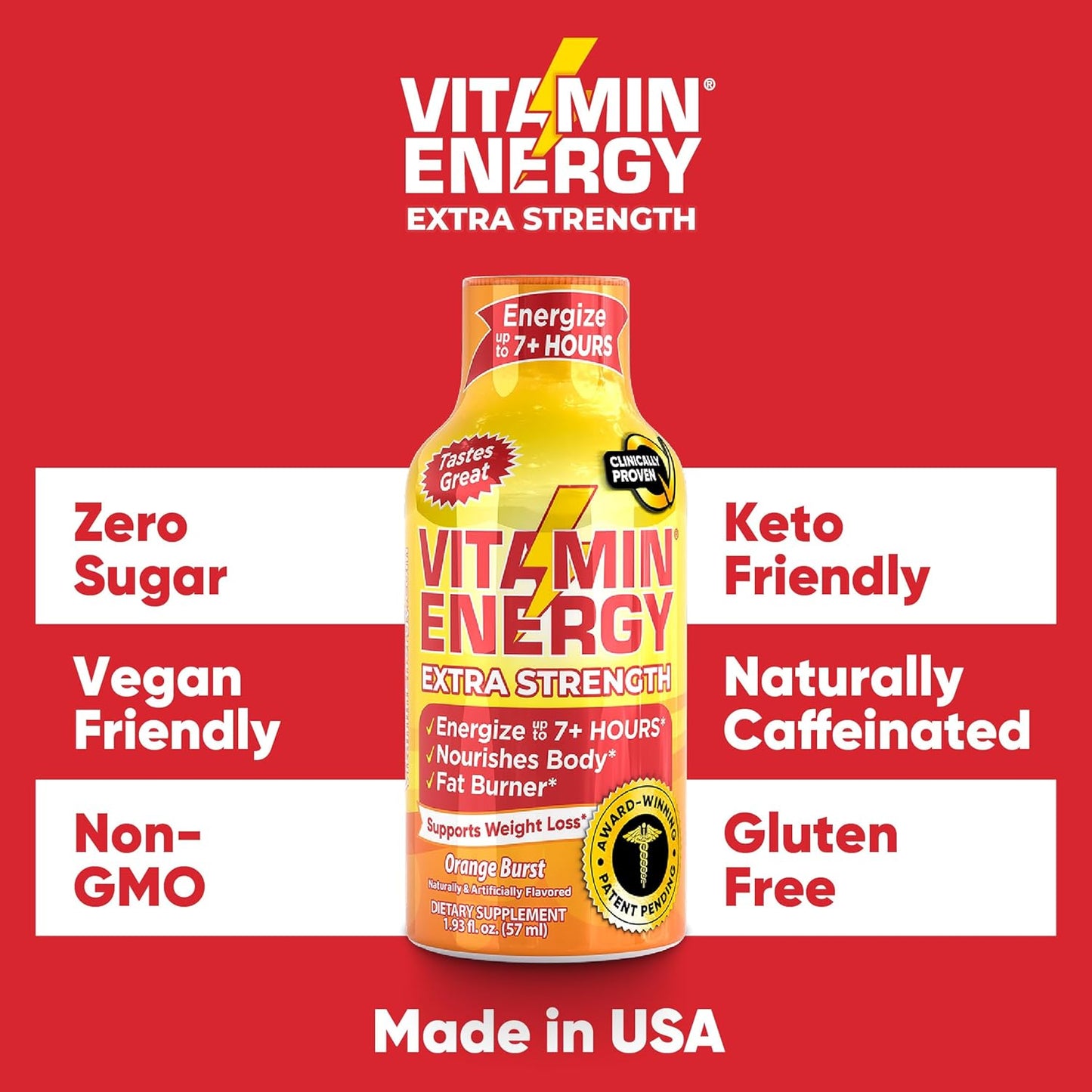 Natural Vitamin Energy Shots for Immune Support | Sugar-Free | Orange Burst Flavor | 7+ Hours of Energy | Pack of 4 - 1.93 fl oz