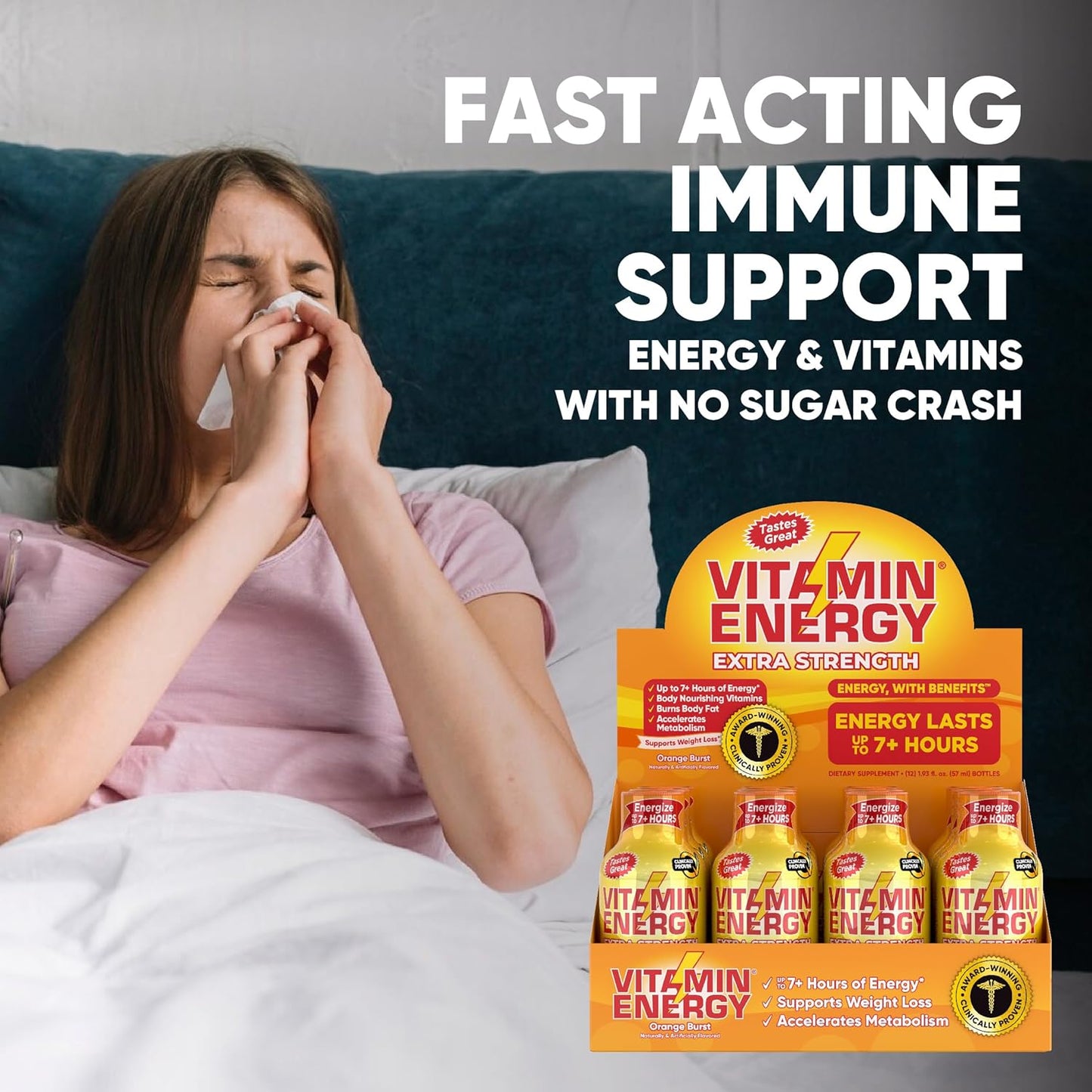 Natural Vitamin Energy Shots for Immune Support | Sugar-Free | Orange Burst Flavor | 7+ Hours of Energy | Pack of 4 - 1.93 fl oz