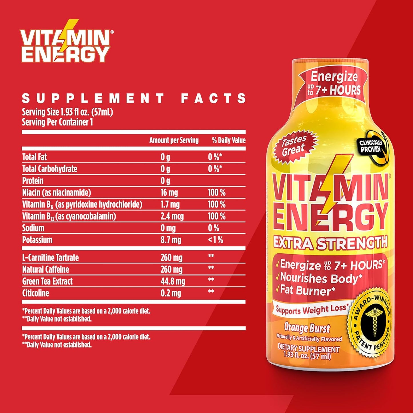 Natural Vitamin Energy Shots for Immune Support | Sugar-Free | Orange Burst Flavor | 7+ Hours of Energy | Pack of 4 - 1.93 fl oz
