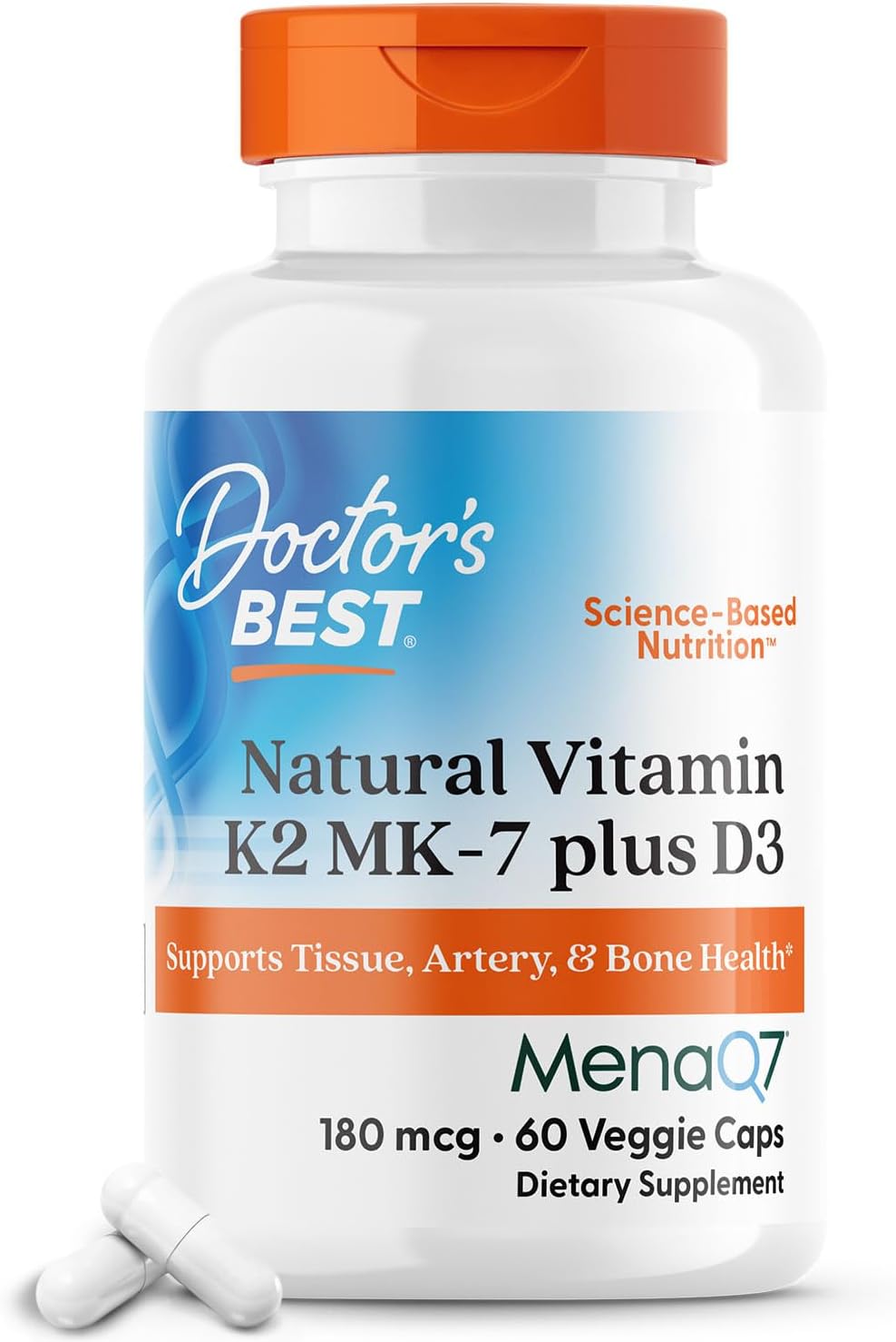 Natural Vitamin K2 MK-7 Plus D3 for Tissue, Artery, & Bone Health - Non-GMO, Gluten Free, Vegetarian Caps - 60 Count